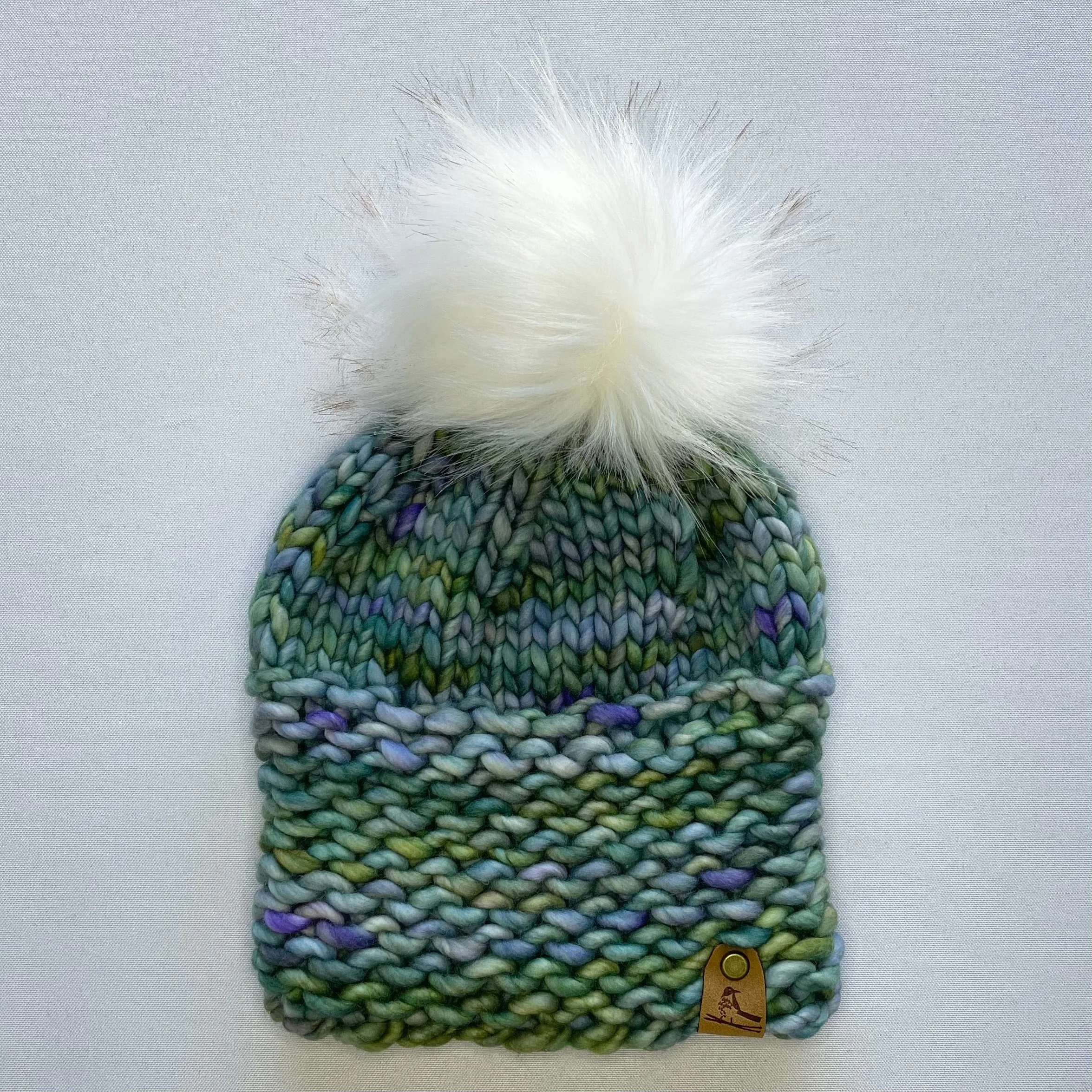 Green Multi-Color Luxury Merino Wool Knit Hat with Faux Fur Pom Pom