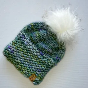 Green Multi-Color Luxury Merino Wool Knit Hat with Faux Fur Pom Pom