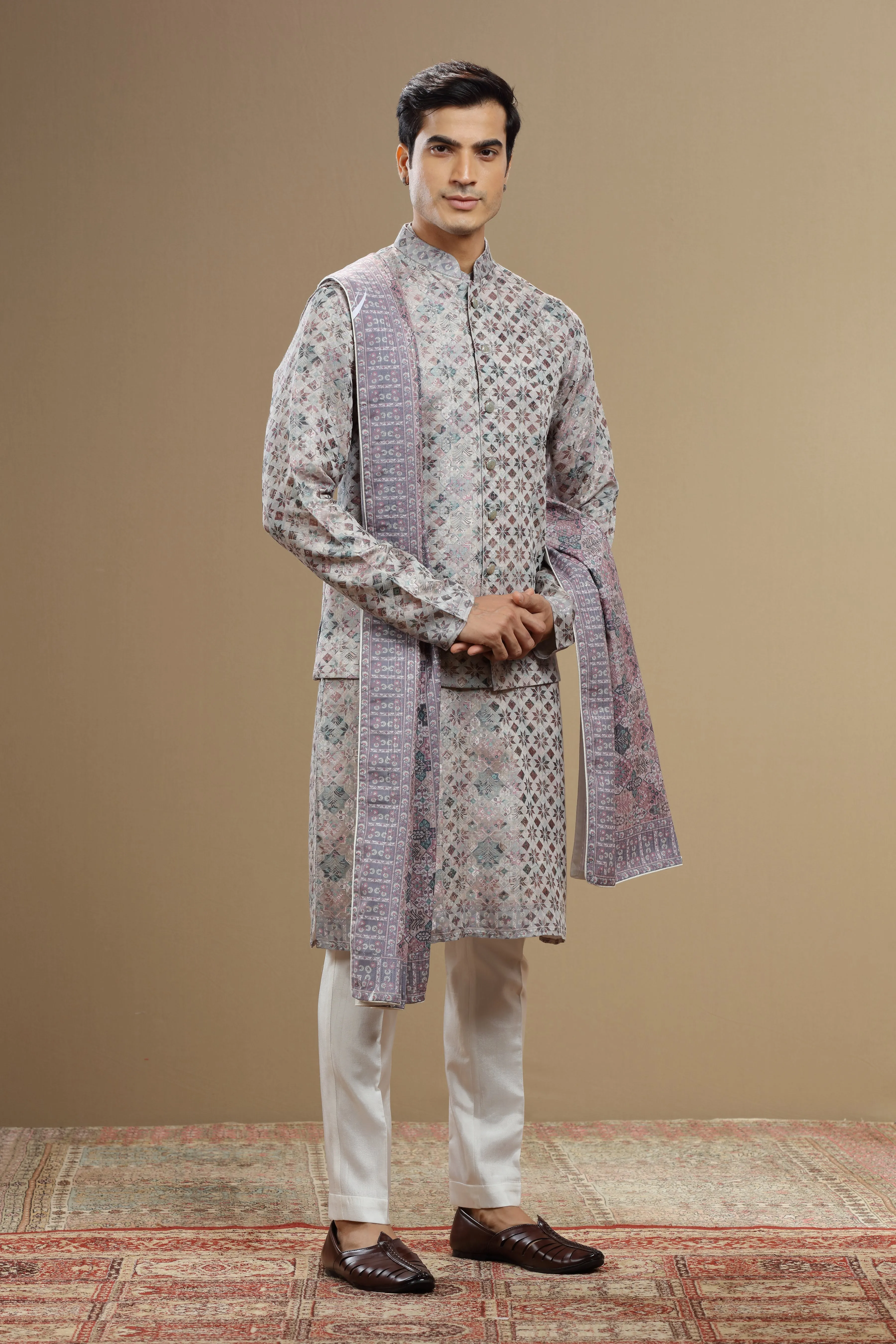 Grey Silk Dupatta Jacket Set With Geometric Motifs