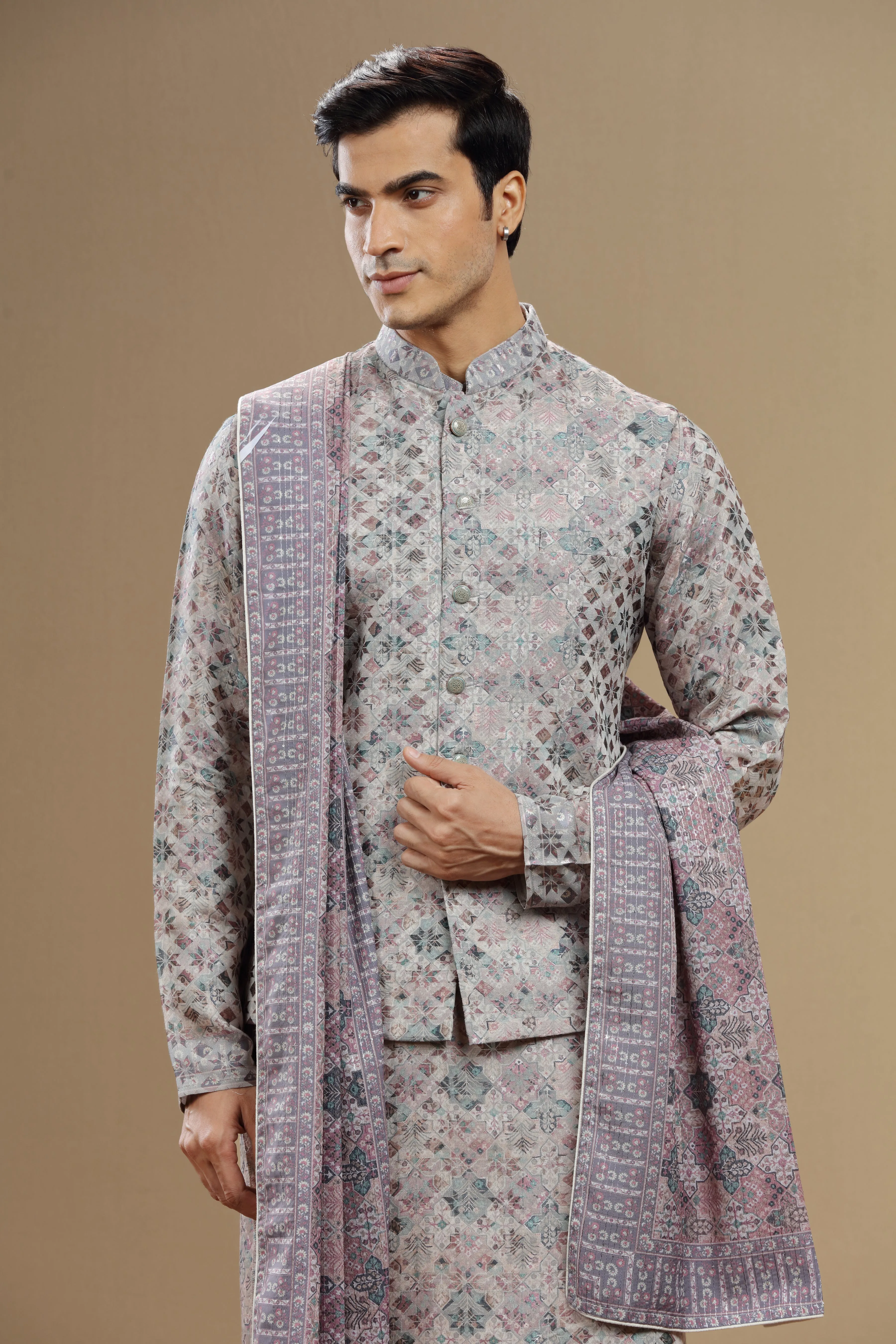 Grey Silk Dupatta Jacket Set With Geometric Motifs