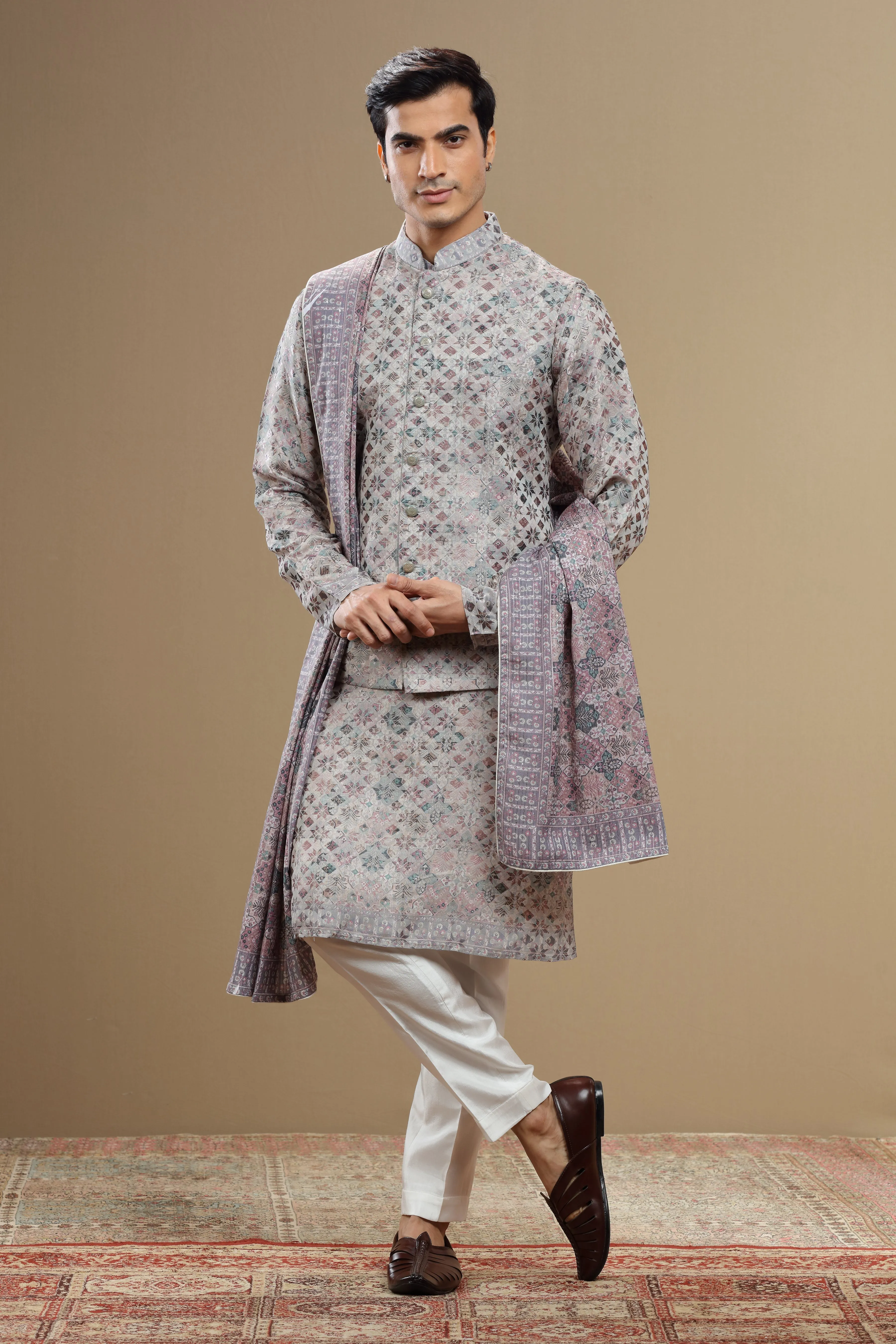 Grey Silk Dupatta Jacket Set With Geometric Motifs