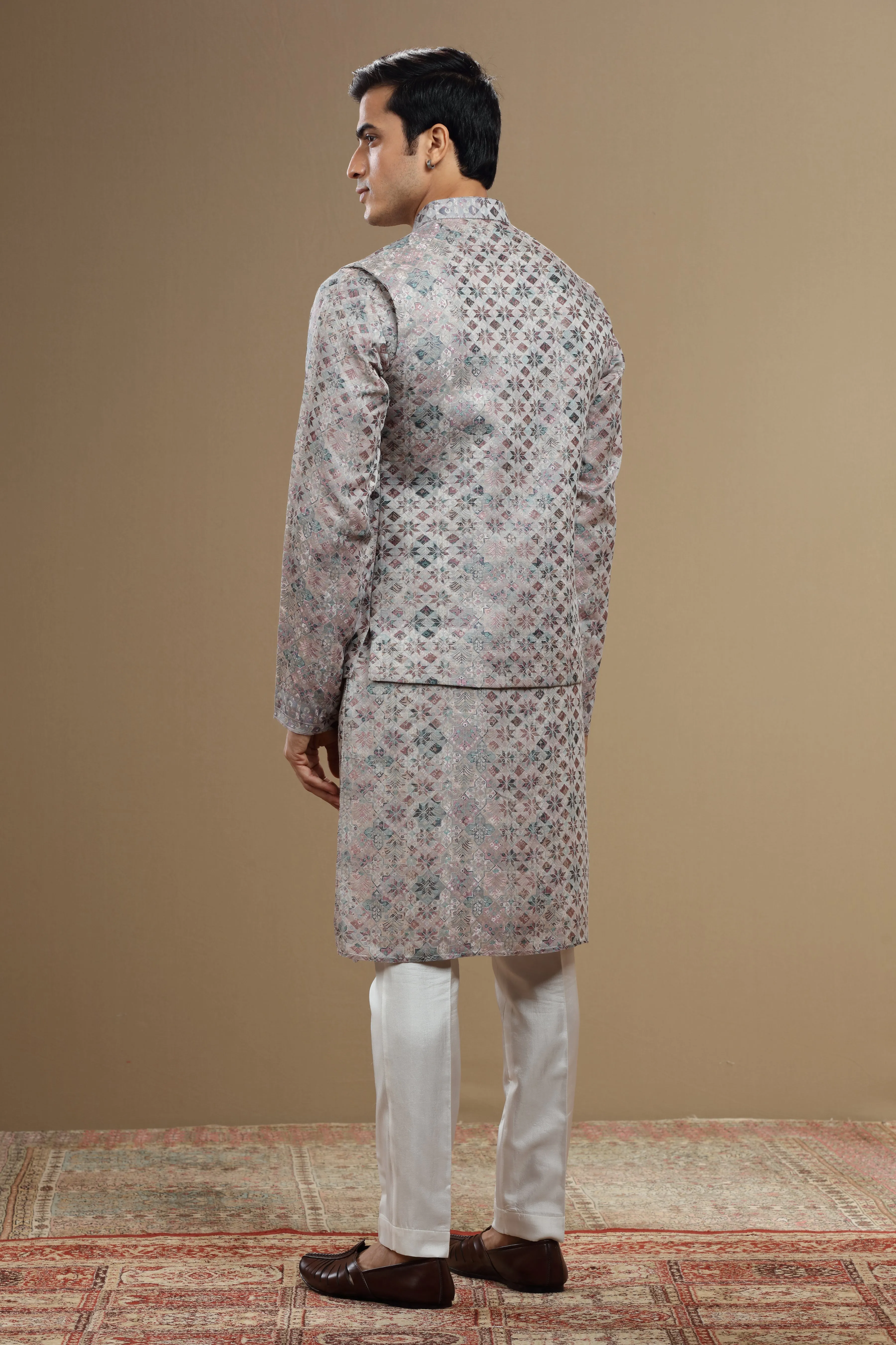 Grey Silk Dupatta Jacket Set With Geometric Motifs