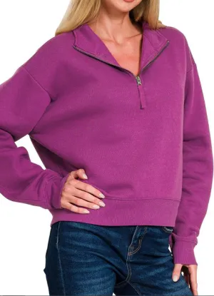 Half Zip Fleece Sweatshirt in Light Plum by Zenana