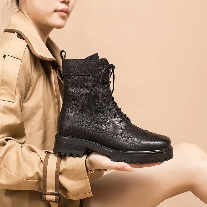 Handmade Leather Wingtip Brogue Ankle Boots For Women Black/Coffee Square Toe Oxfords Boots