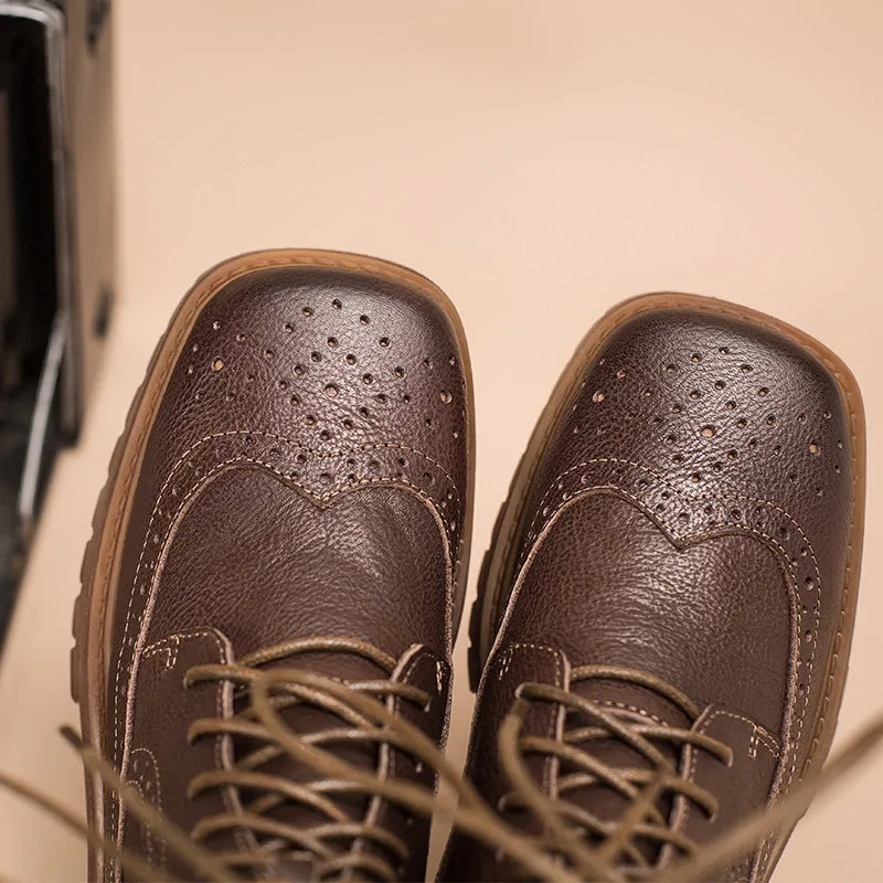 Handmade Leather Wingtip Brogue Ankle Boots For Women Black/Coffee Square Toe Oxfords Boots