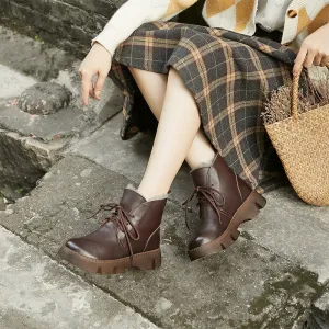 Handmade Retro Leather Lace Up Ankle Boots For Women With Fleece Lined in Black/Coffee