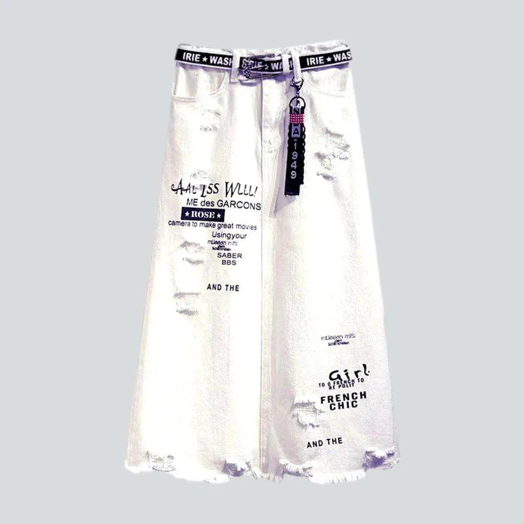 Inscription print white denim skirt