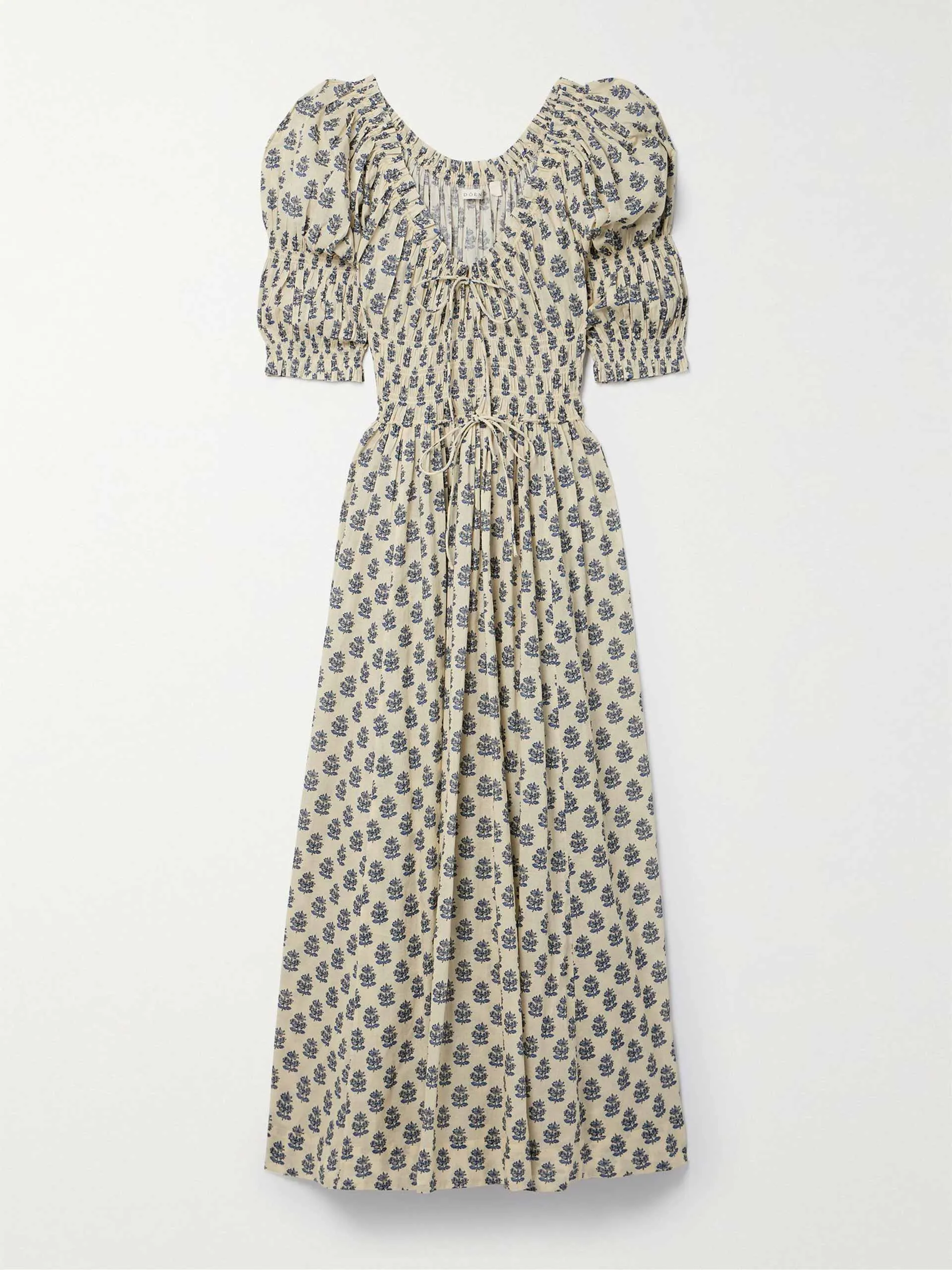 Ischia shirred printed organic cotton-voile midi dress