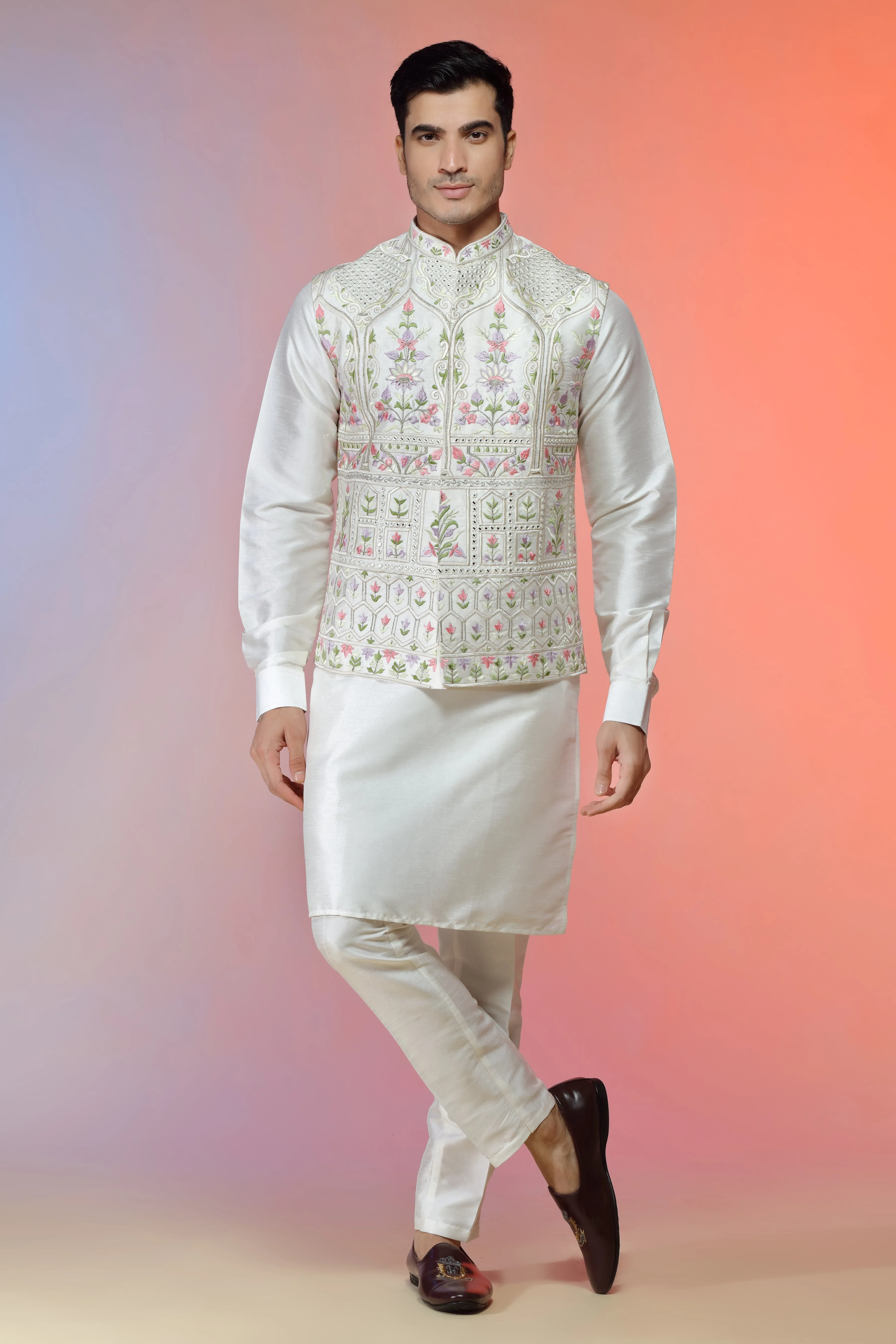 Ivory Silk Jacket Set In Floral Embroidery For Men