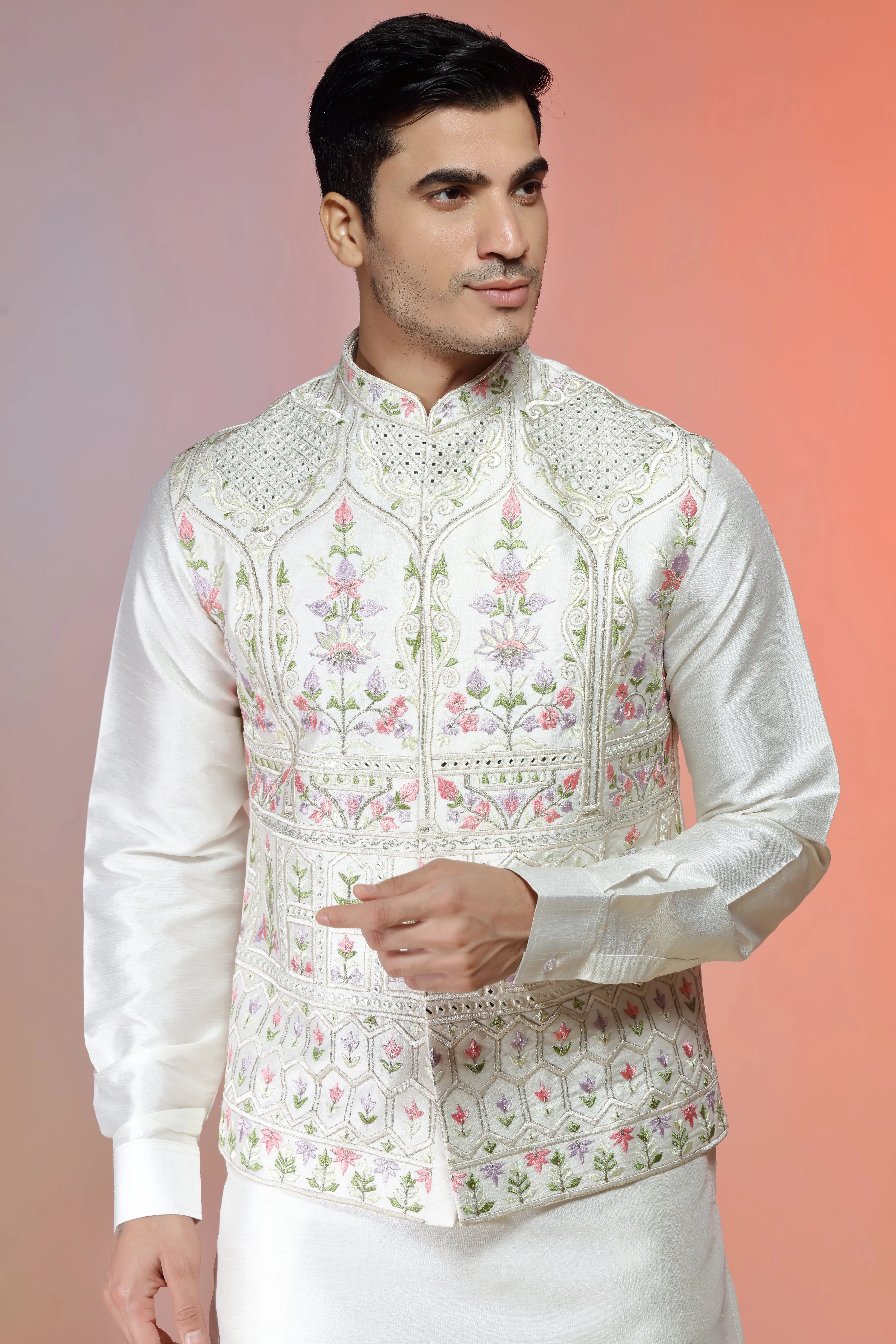 Ivory Silk Jacket Set In Floral Embroidery For Men