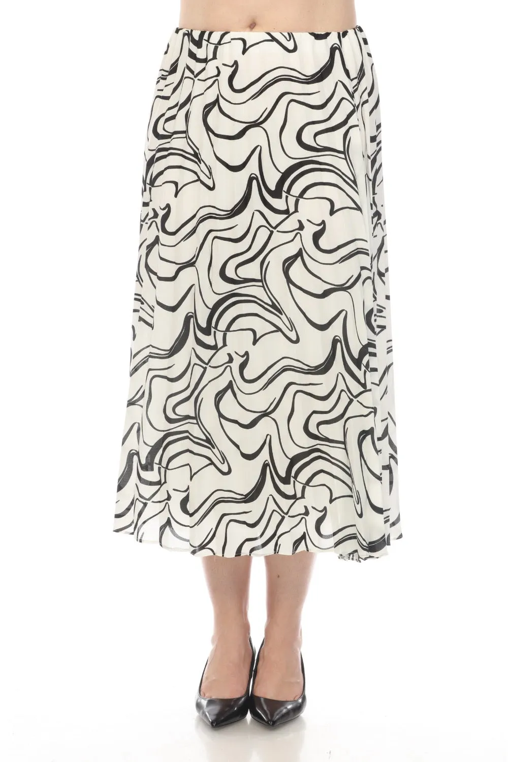 Joseph Ribkoff Vanilla/Black Scribble Print Pleated Pull On Midi Skirt 241301