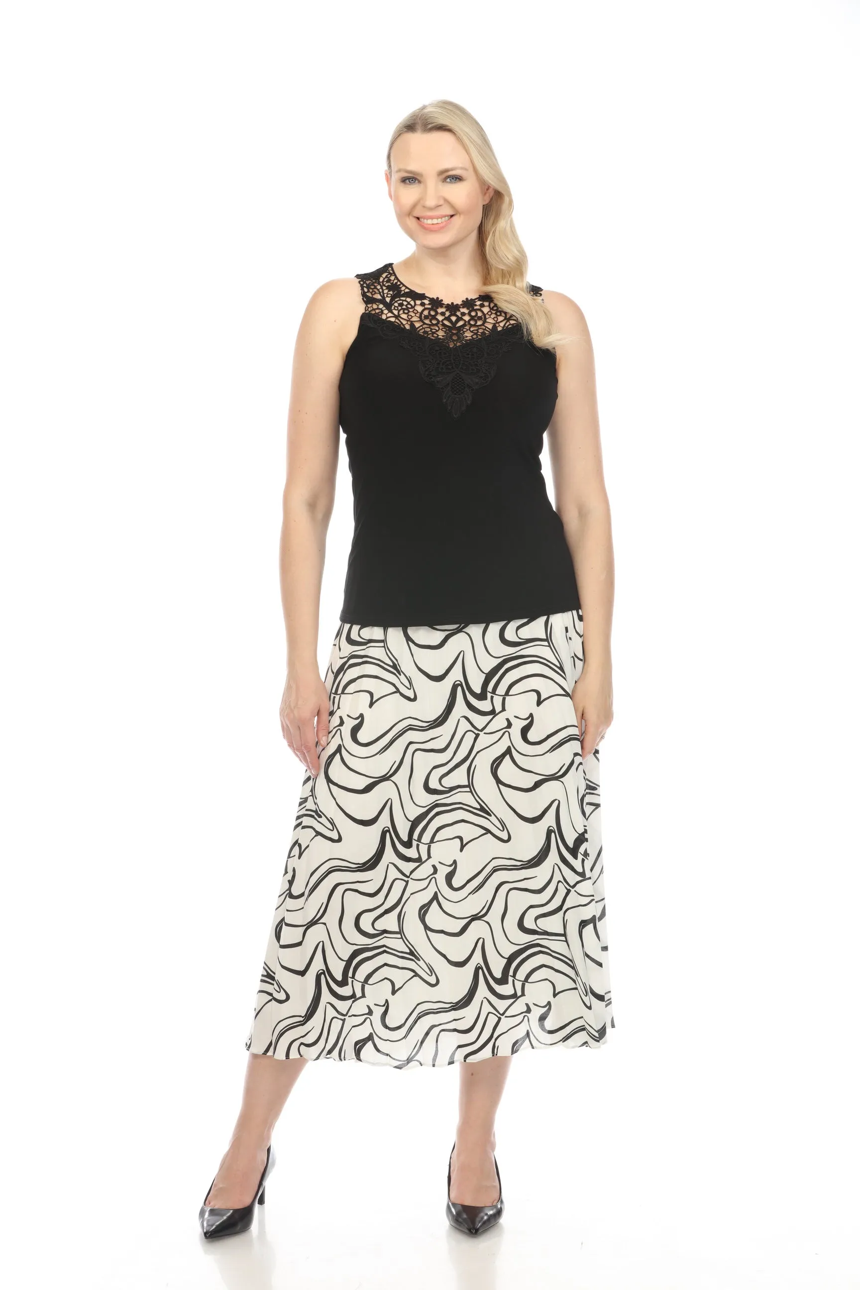 Joseph Ribkoff Vanilla/Black Scribble Print Pleated Pull On Midi Skirt 241301