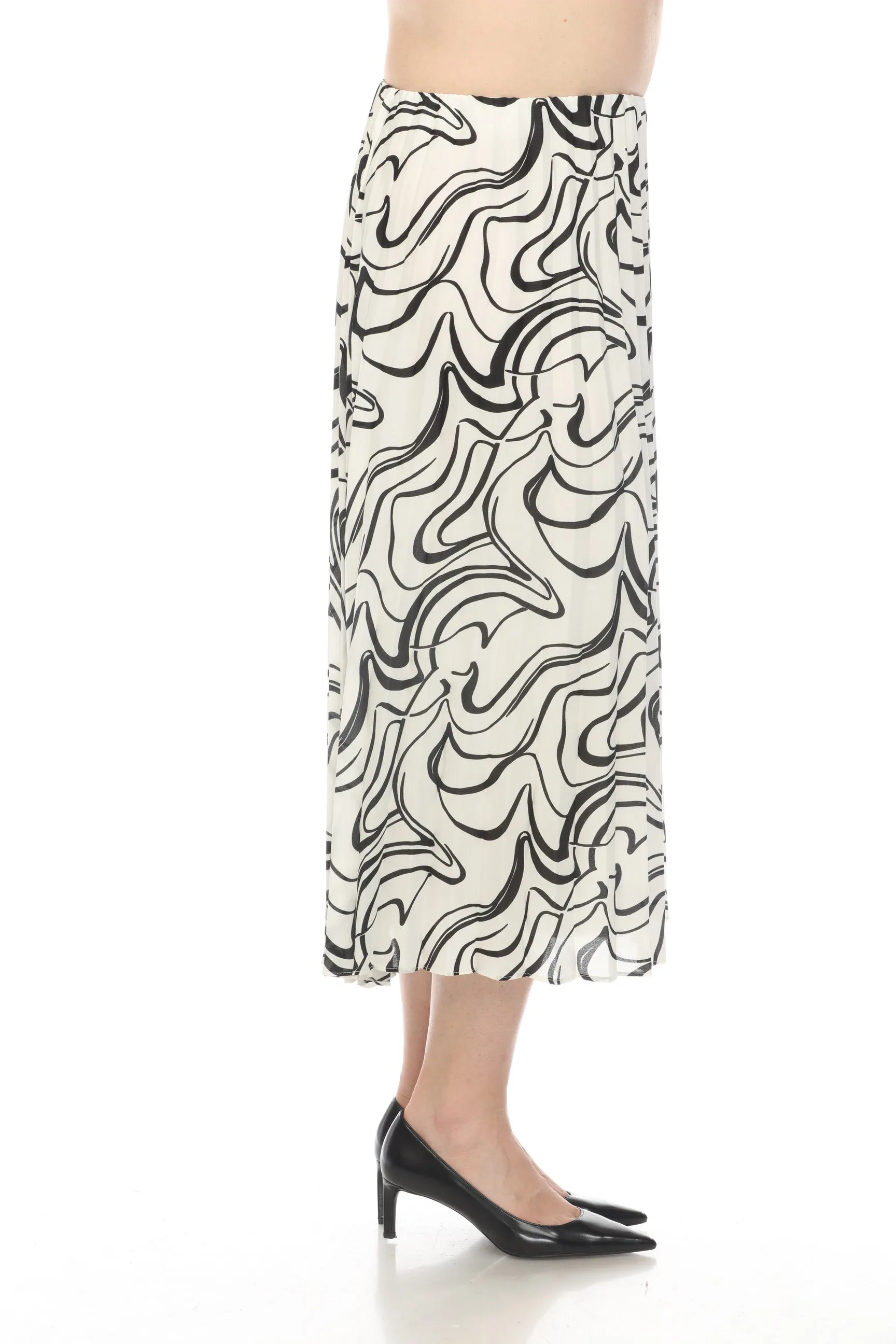 Joseph Ribkoff Vanilla/Black Scribble Print Pleated Pull On Midi Skirt 241301