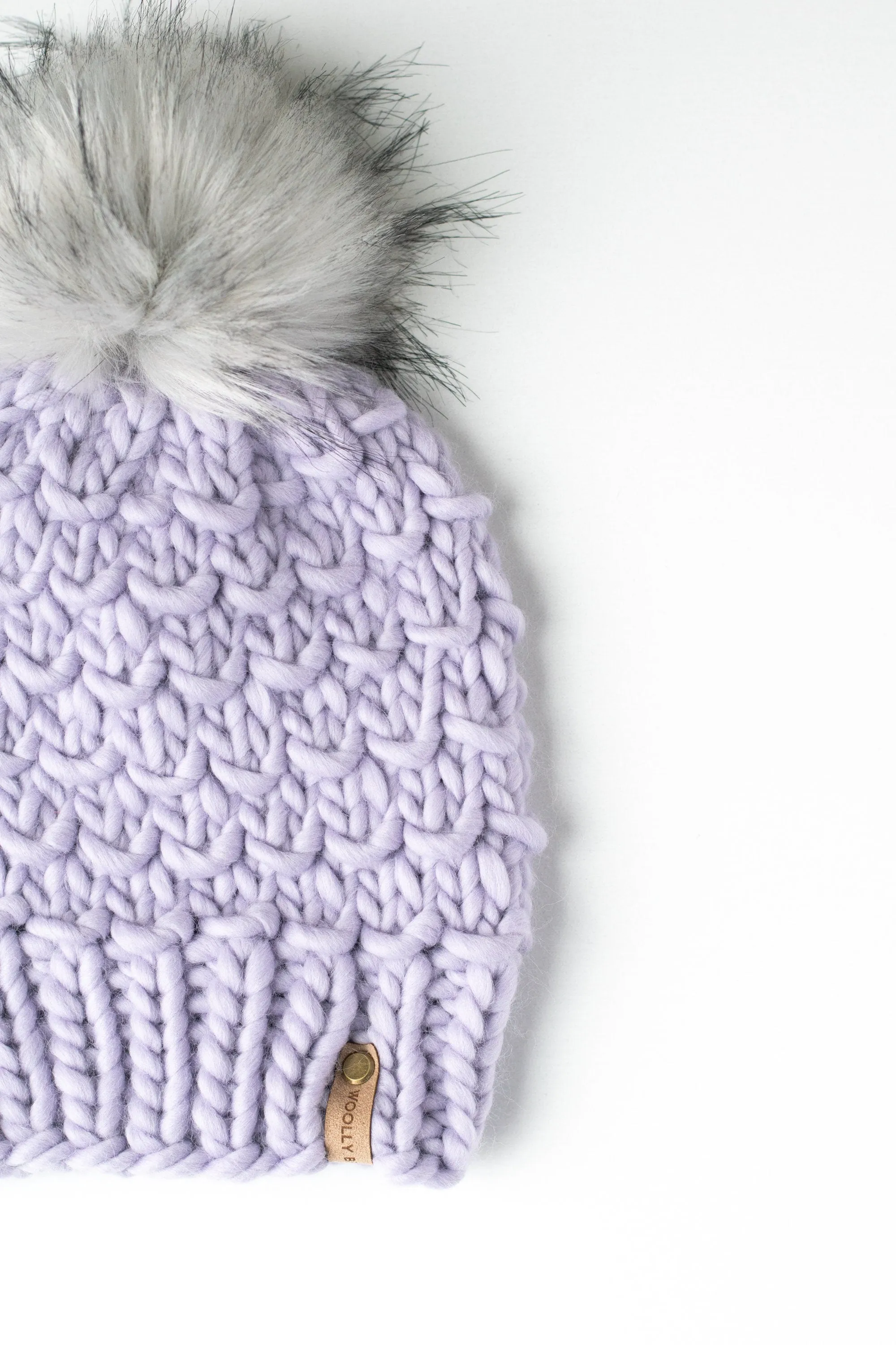 Lavender Peruvian Wool Knit Hat with Faux Fur Pom Pom