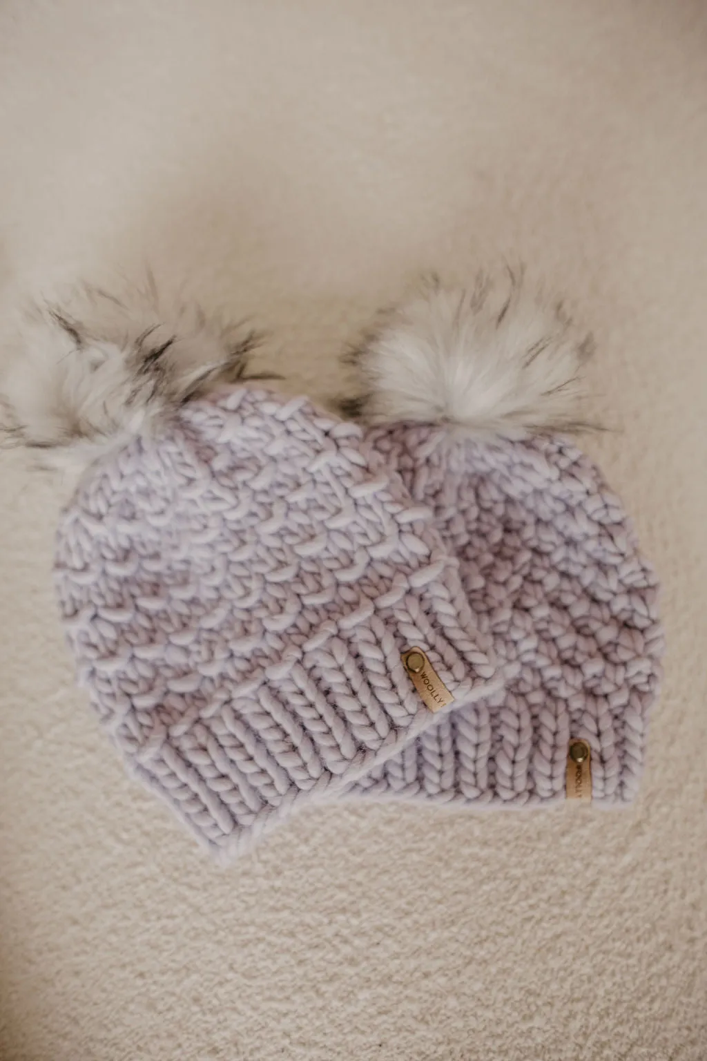 Lavender Peruvian Wool Knit Hat with Faux Fur Pom Pom