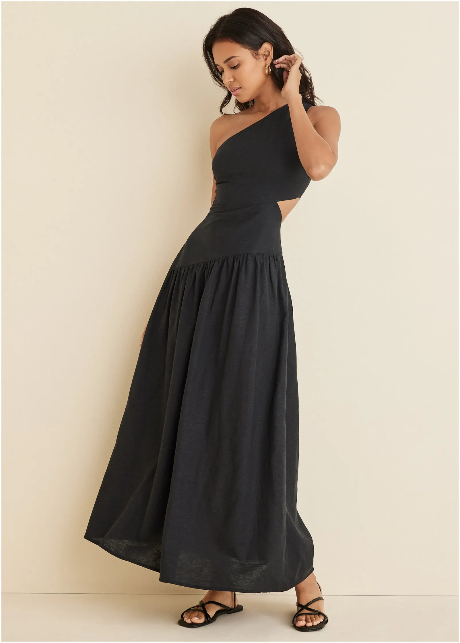 Linen Cutout Maxi Dress - Black