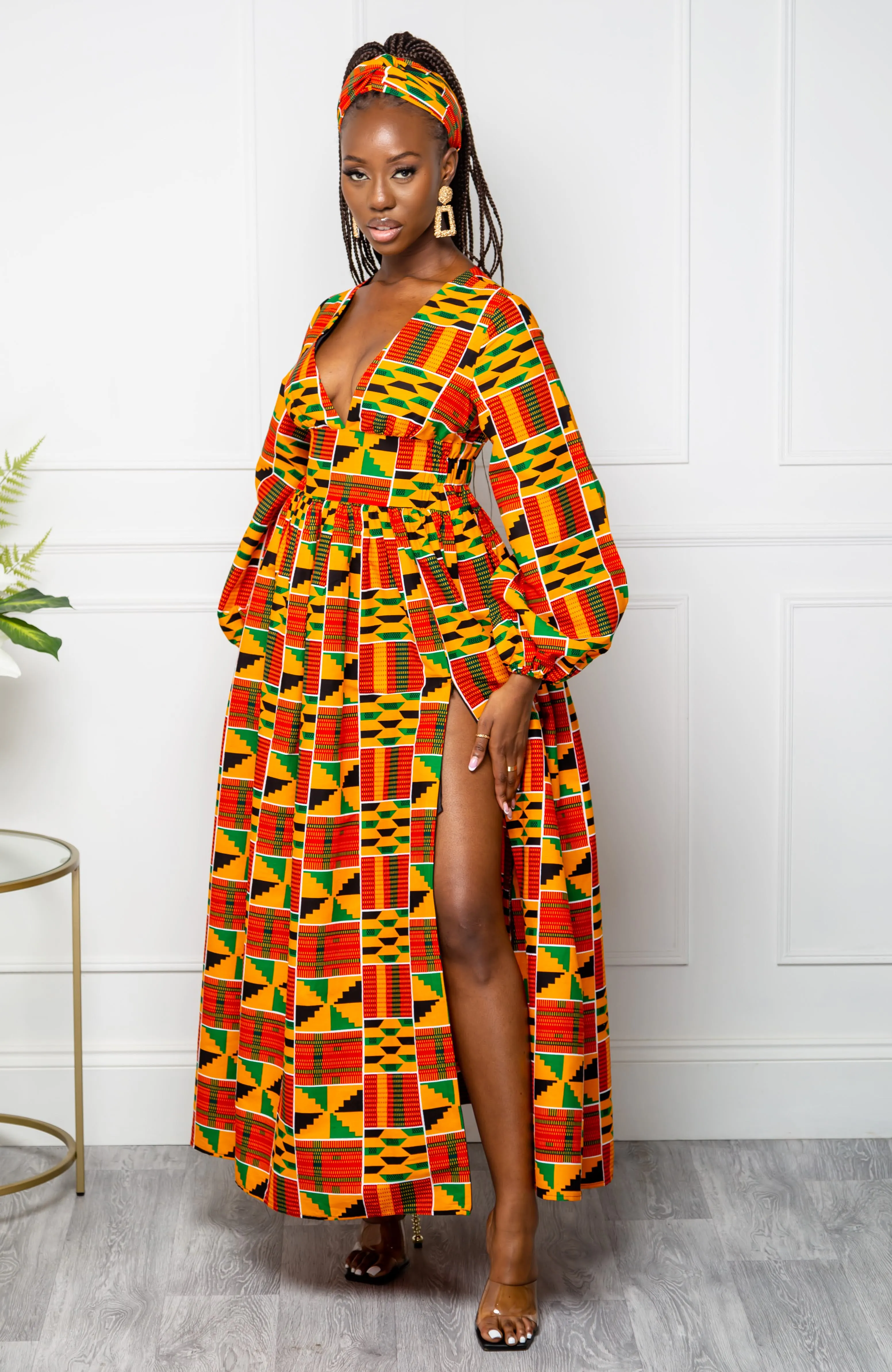 Low Neck Deep V Long Sleeve | African Maxi Dress  - KENYA