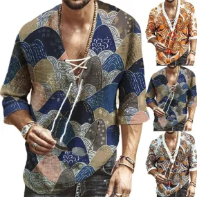 Men's V Neck Floral Print Chest Lace-up Half Sleeve Top