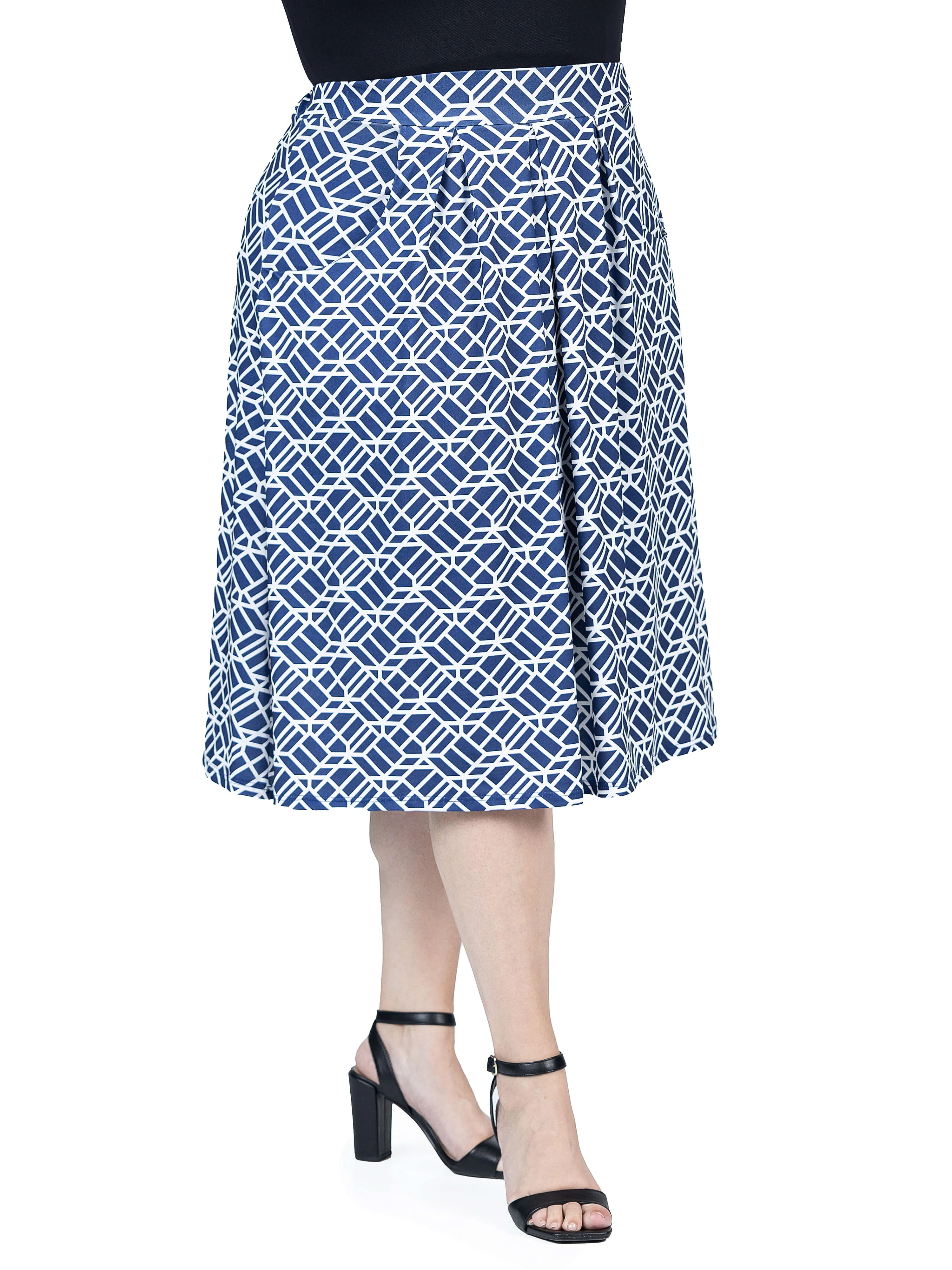 Navy Print Plus Size Elastic Waist Pleated Knee Length Pocket Skirt