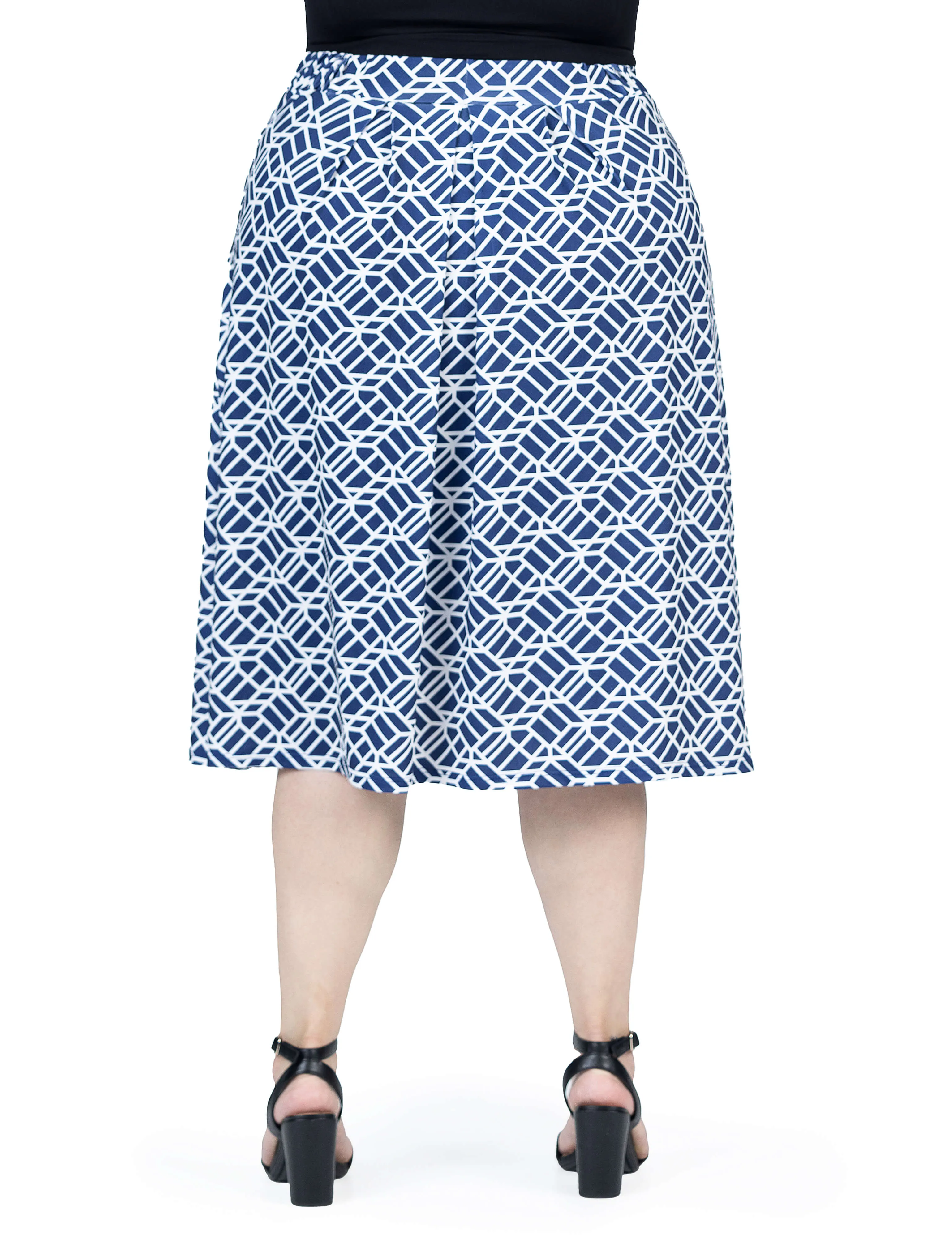 Navy Print Plus Size Elastic Waist Pleated Knee Length Pocket Skirt