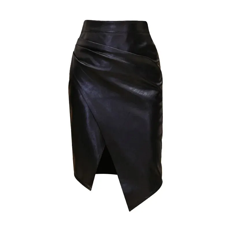 New Women's PU Leather Skirt Fashion Office Ladies Irregualer High Waist Slim Midi Length Women's Skirts Female