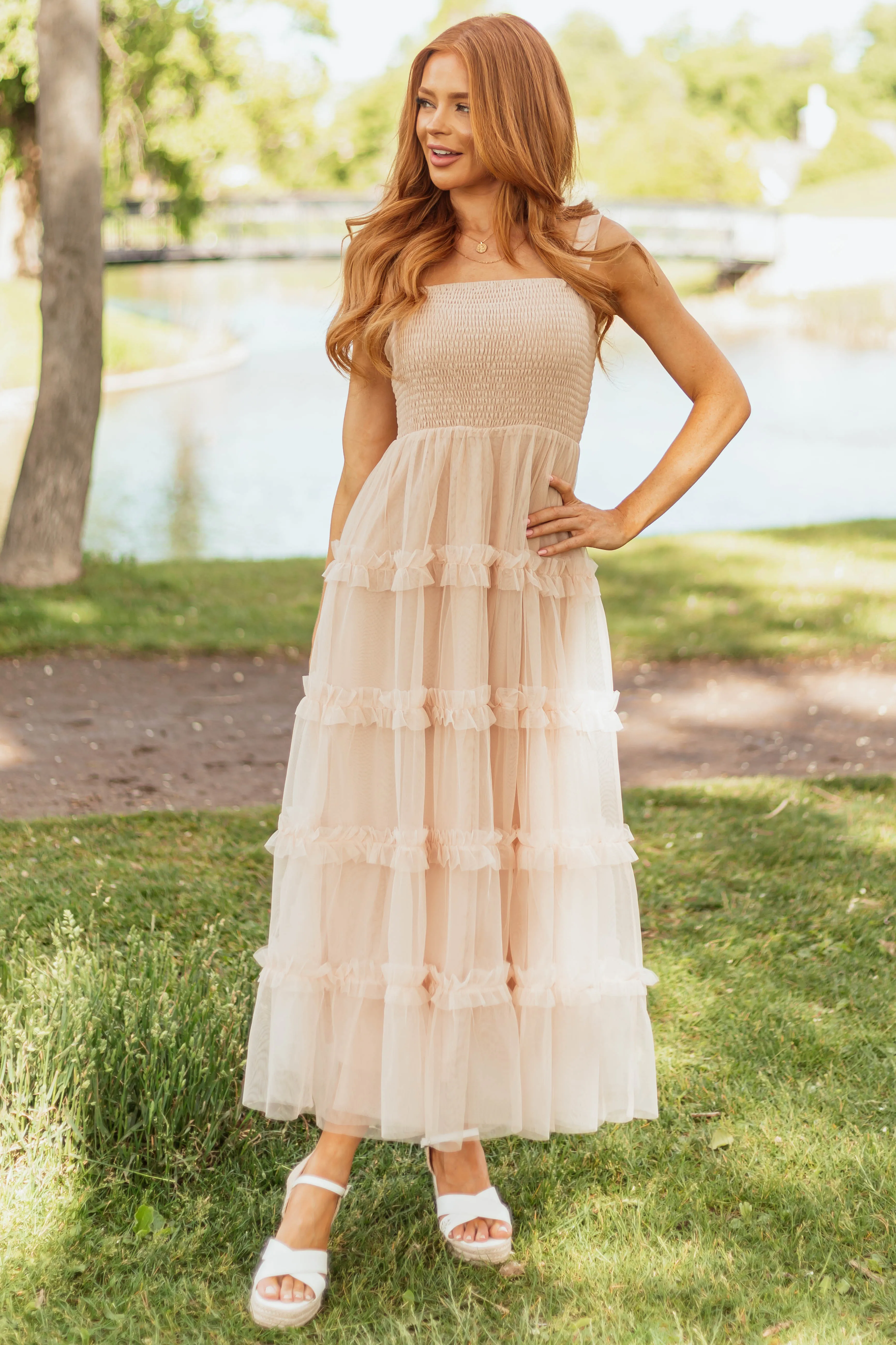 Nude Sleeveless Ruffle Tiered Maxi Dress