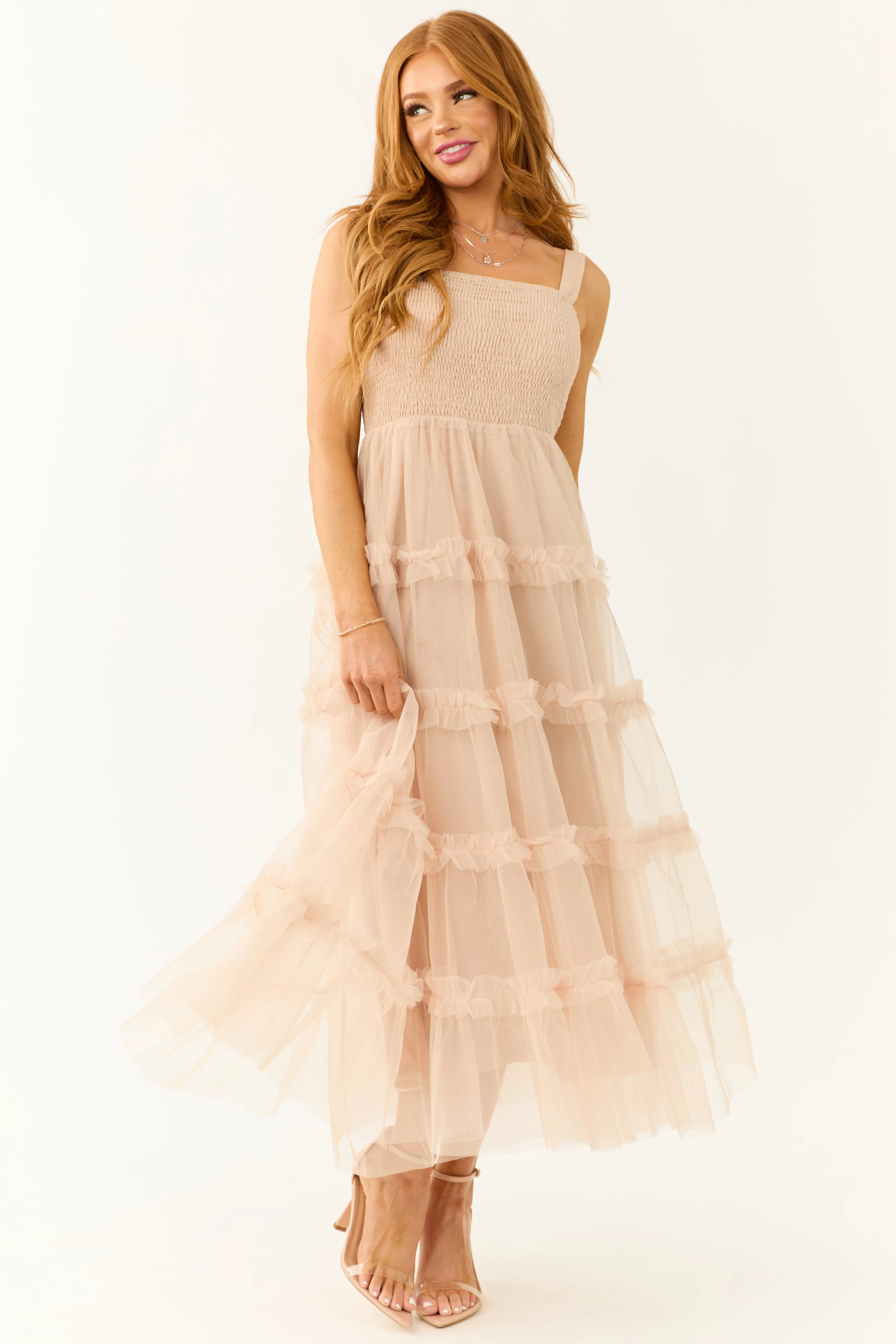 Nude Sleeveless Ruffle Tiered Maxi Dress