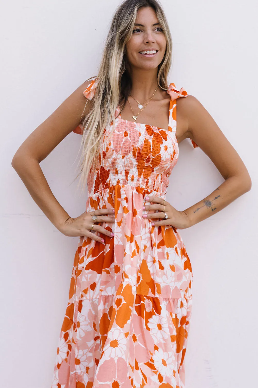 Orange Floral Print Boho Smocked Maxi Dress