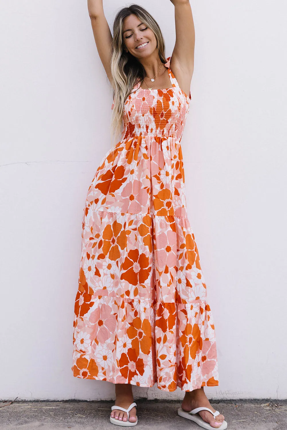 Orange Floral Print Boho Smocked Maxi Dress