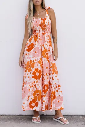 Orange Floral Print Boho Smocked Maxi Dress