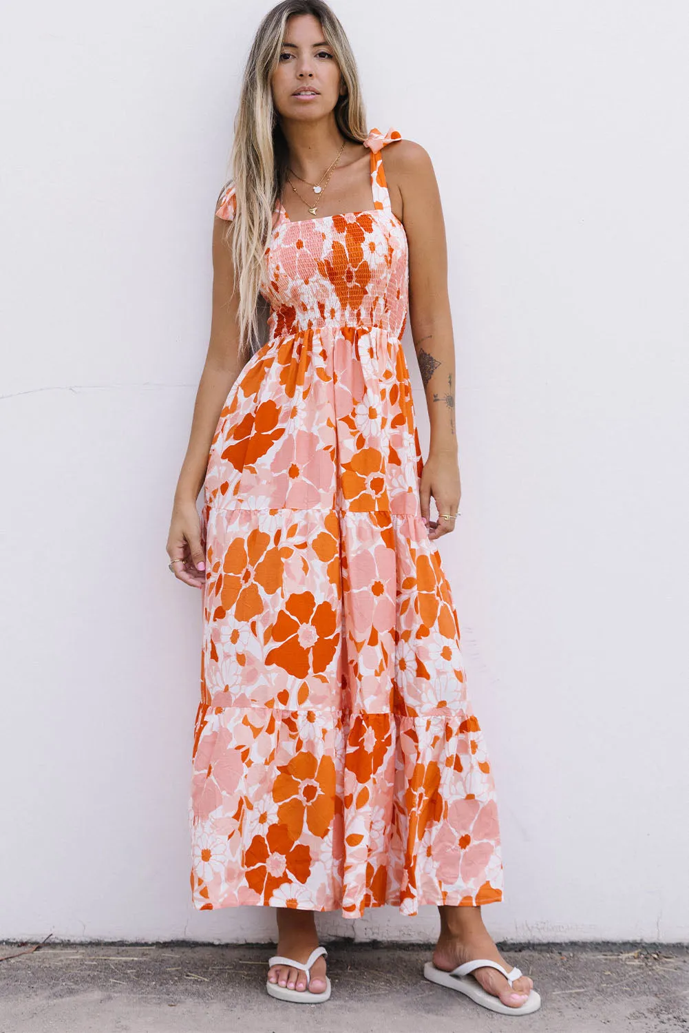 Orange Floral Print Boho Smocked Maxi Dress