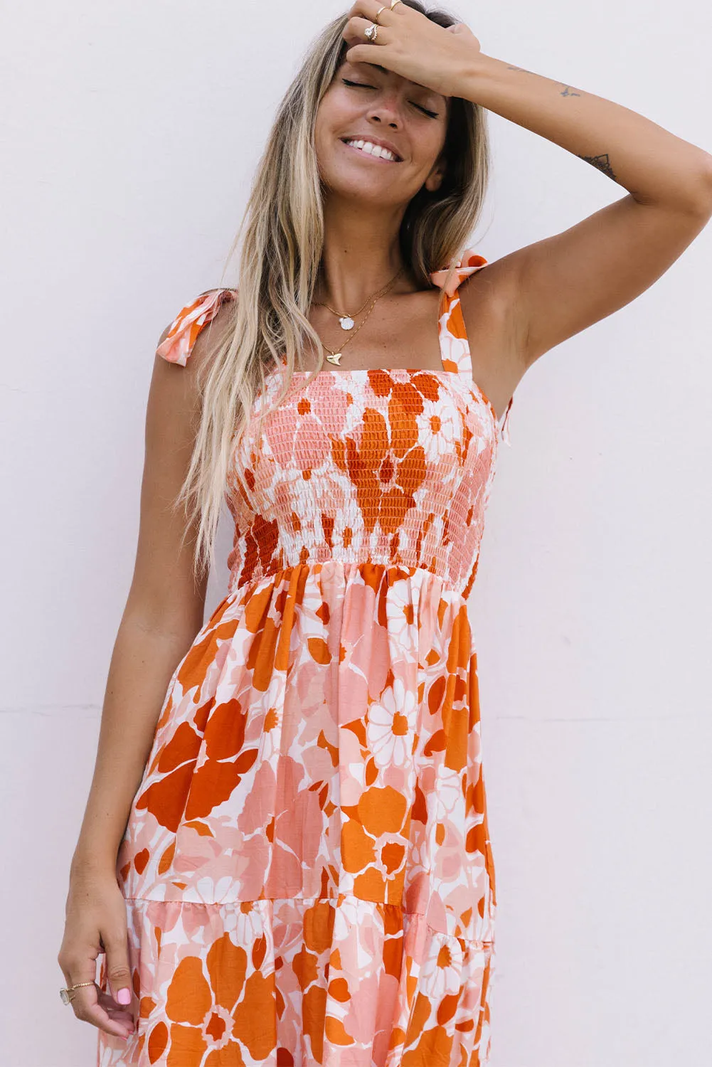 Orange Floral Print Boho Smocked Maxi Dress