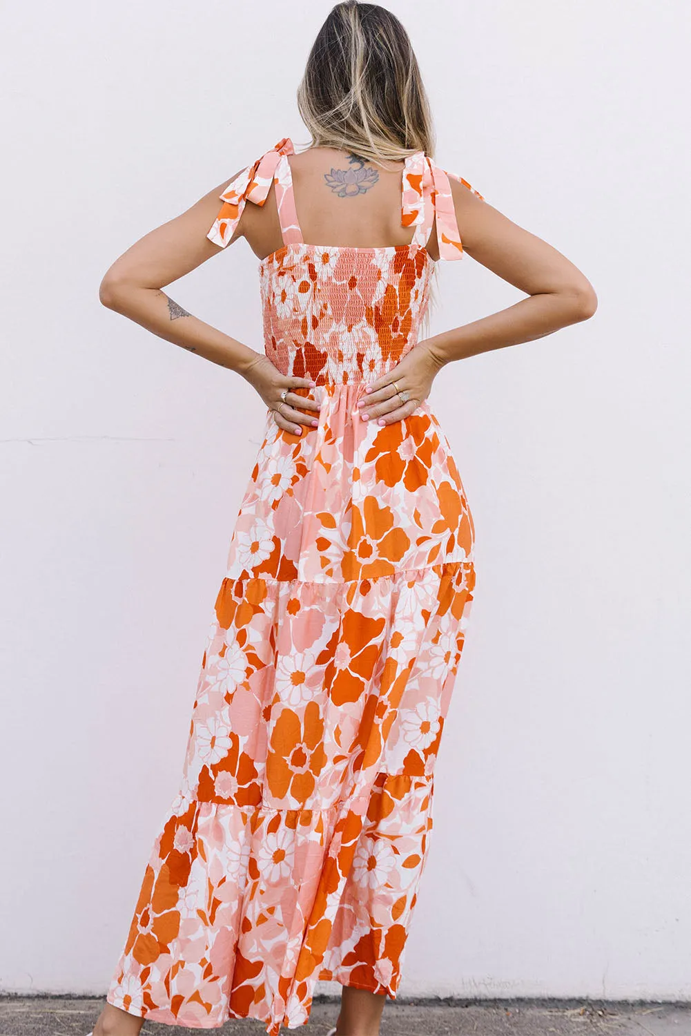 Orange Floral Print Boho Smocked Maxi Dress