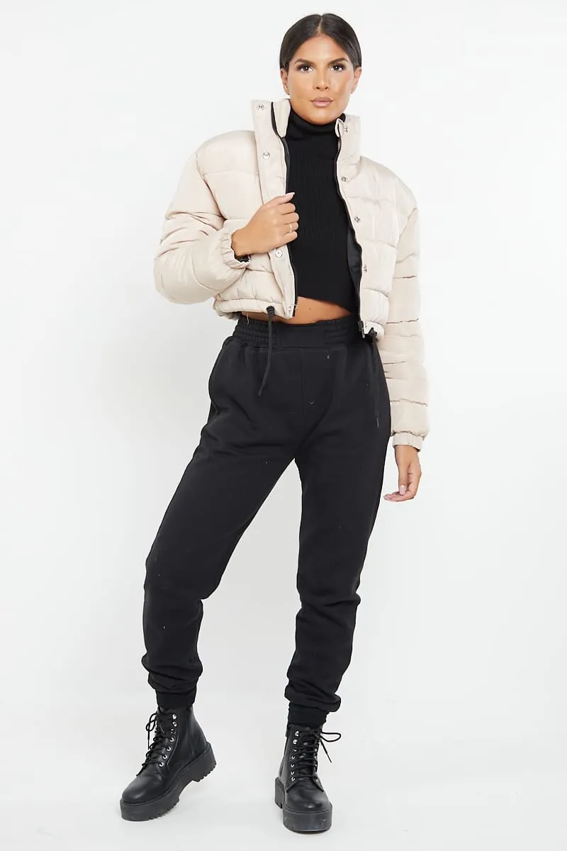 PADDED CROP PUFFER JACKET- BEIGE