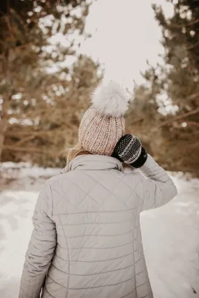 Pearl Gray Merino Wool Knit Hat with Faux Fur Pom Pom