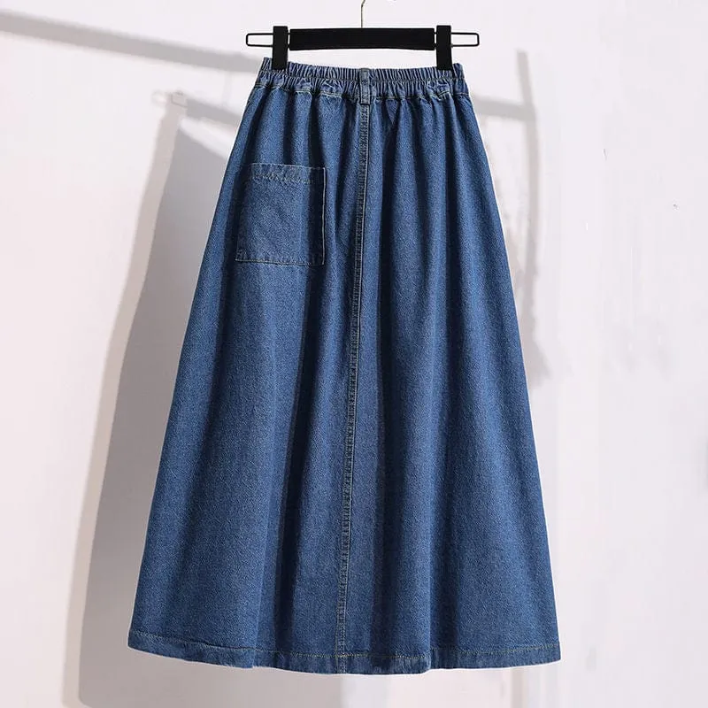 Pleated High Waist Denim Skirt