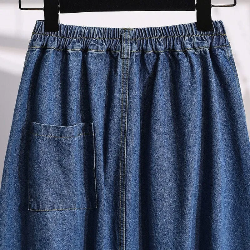 Pleated High Waist Denim Skirt