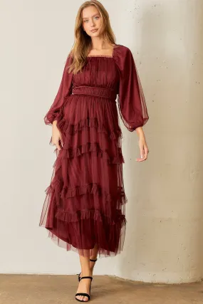 Polagram Long Sleeve Tulle Maxi Dress in Burgundy