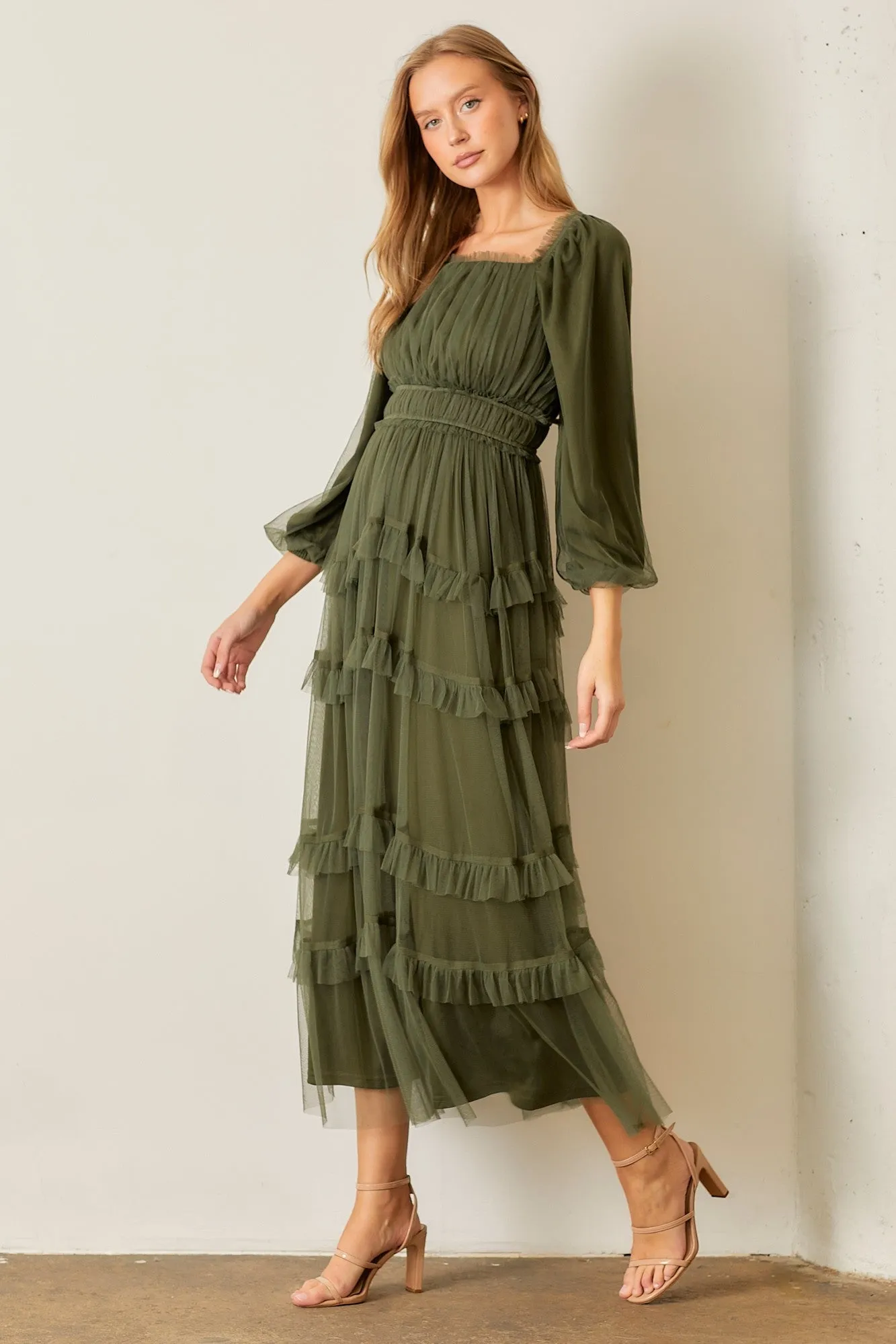 Polagram Long Sleeve Tulle Maxi Dress in Dark Olive