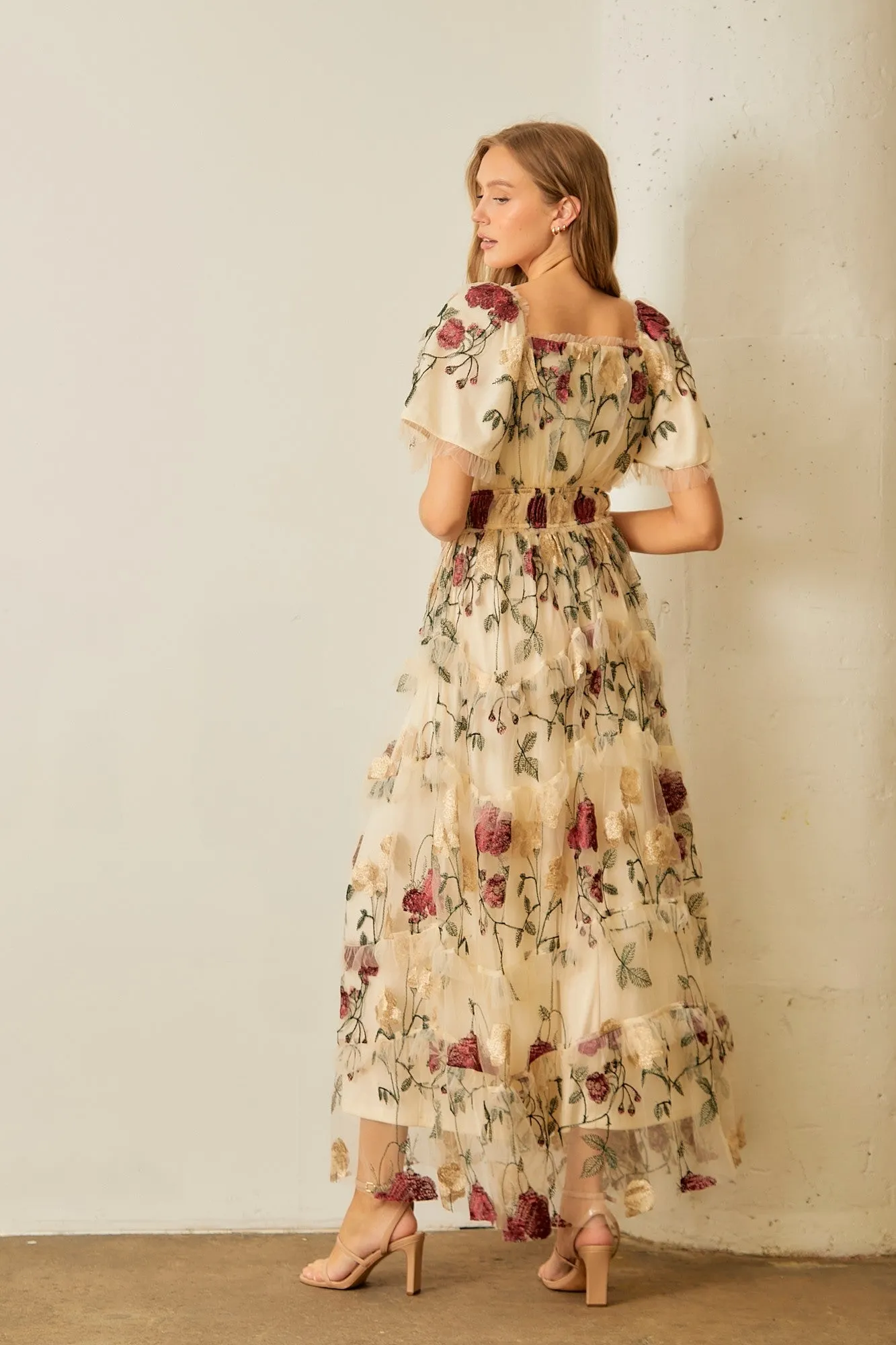 Polgram Floral Print Tulle Maxi Dress in Cream Multi ON ORDER