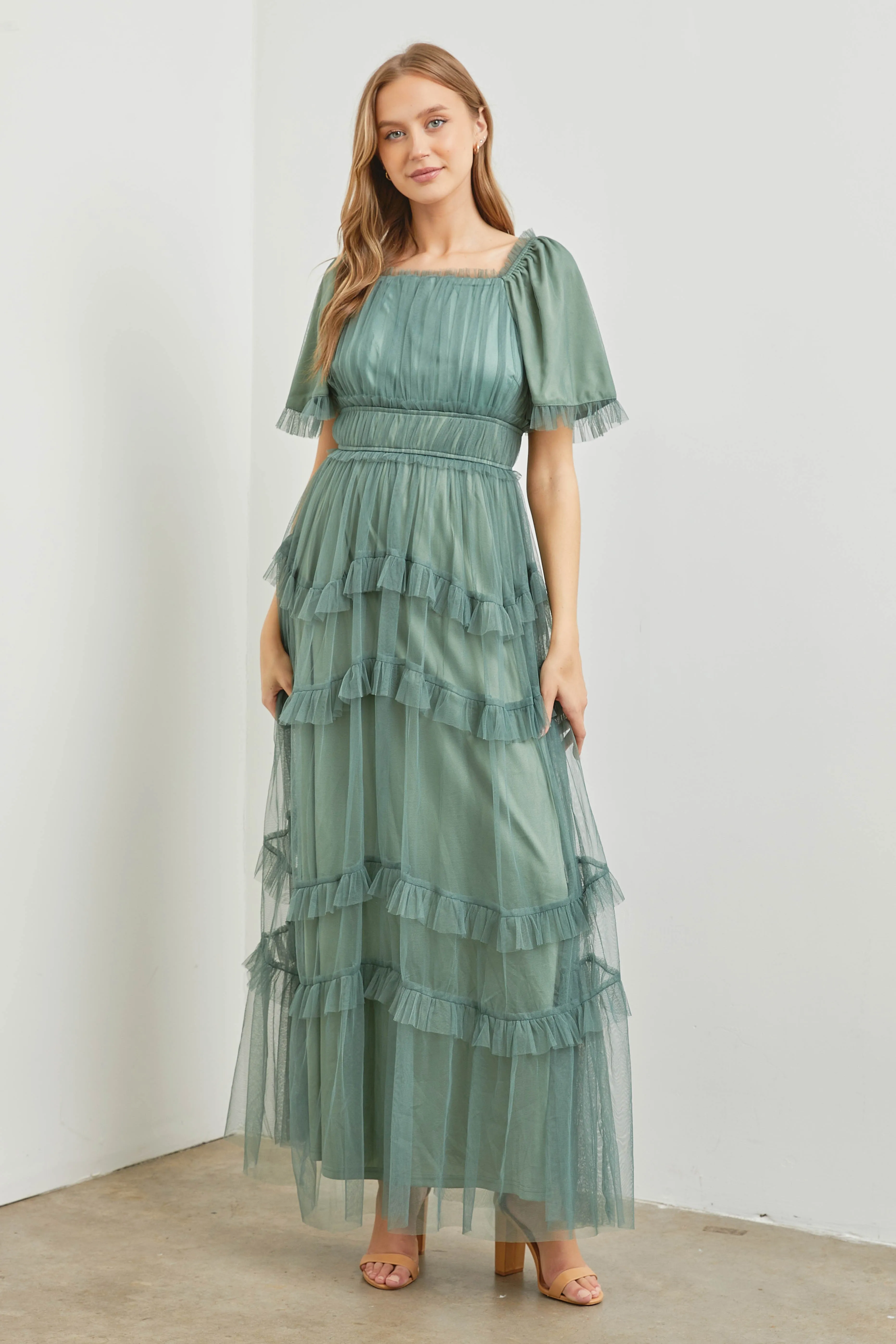 Polgram Tulle Maxi Dress in Dusty Teal