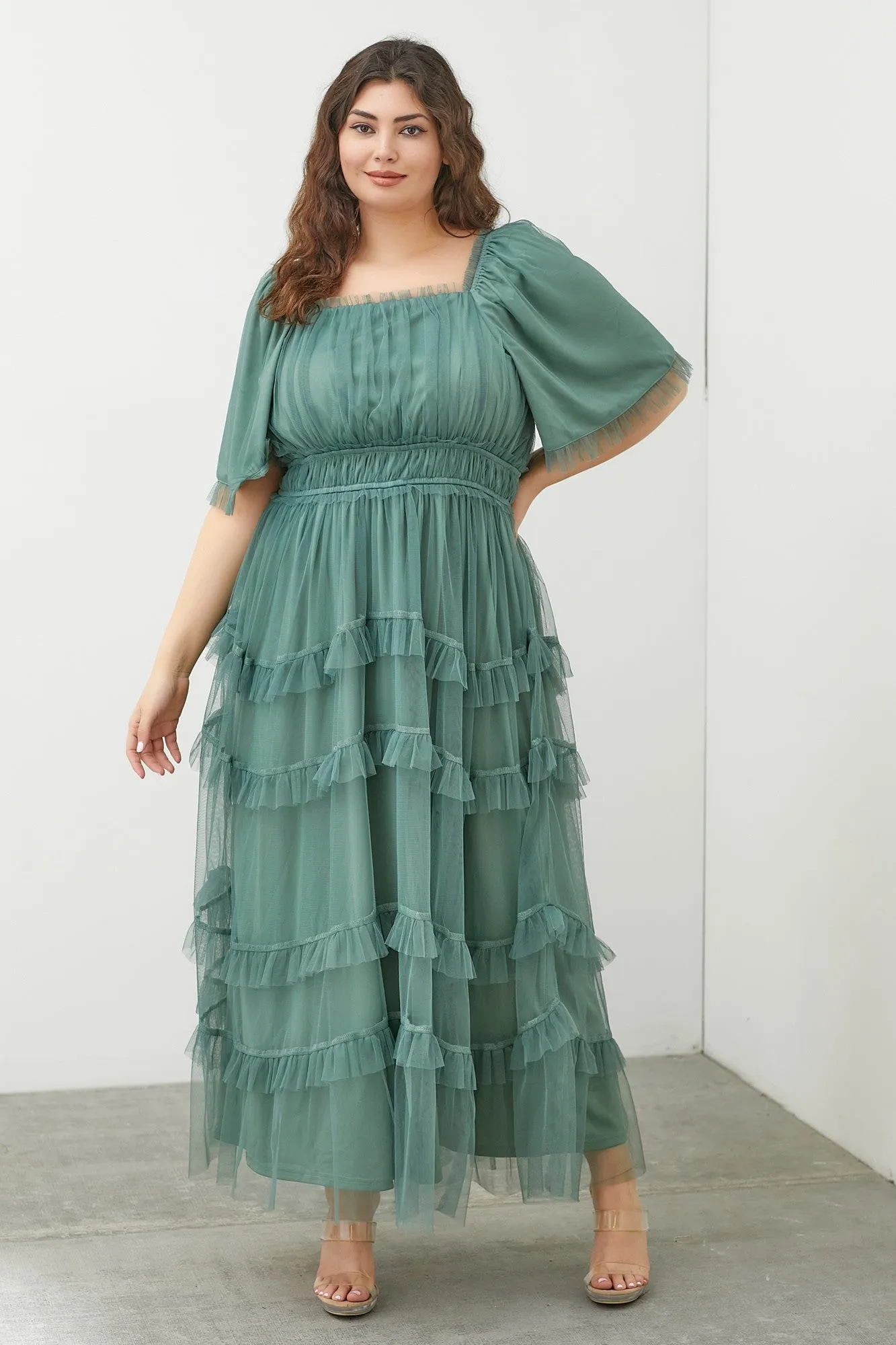 Polgram Tulle Maxi Dress in Dusty Teal