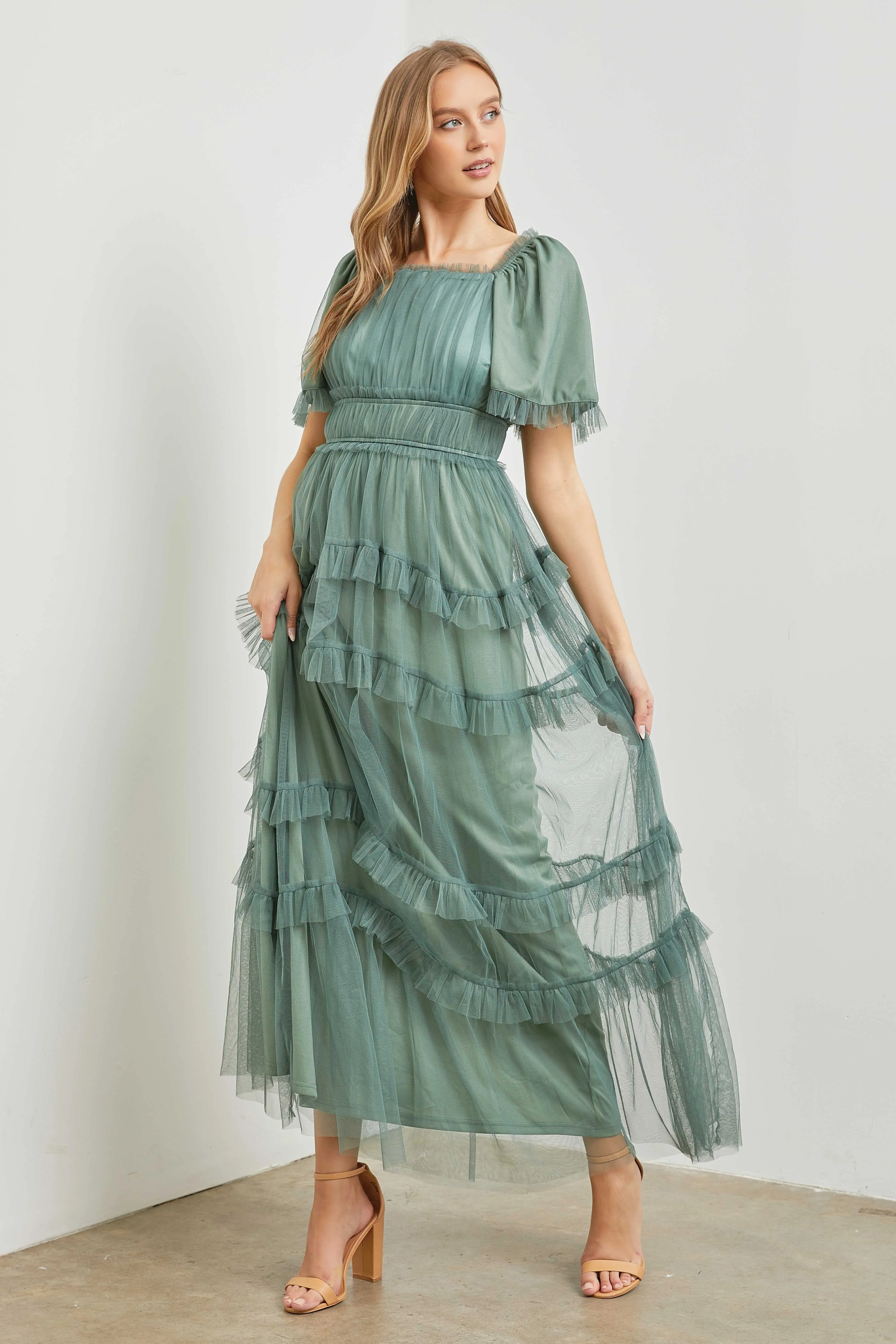 Polgram Tulle Maxi Dress in Dusty Teal