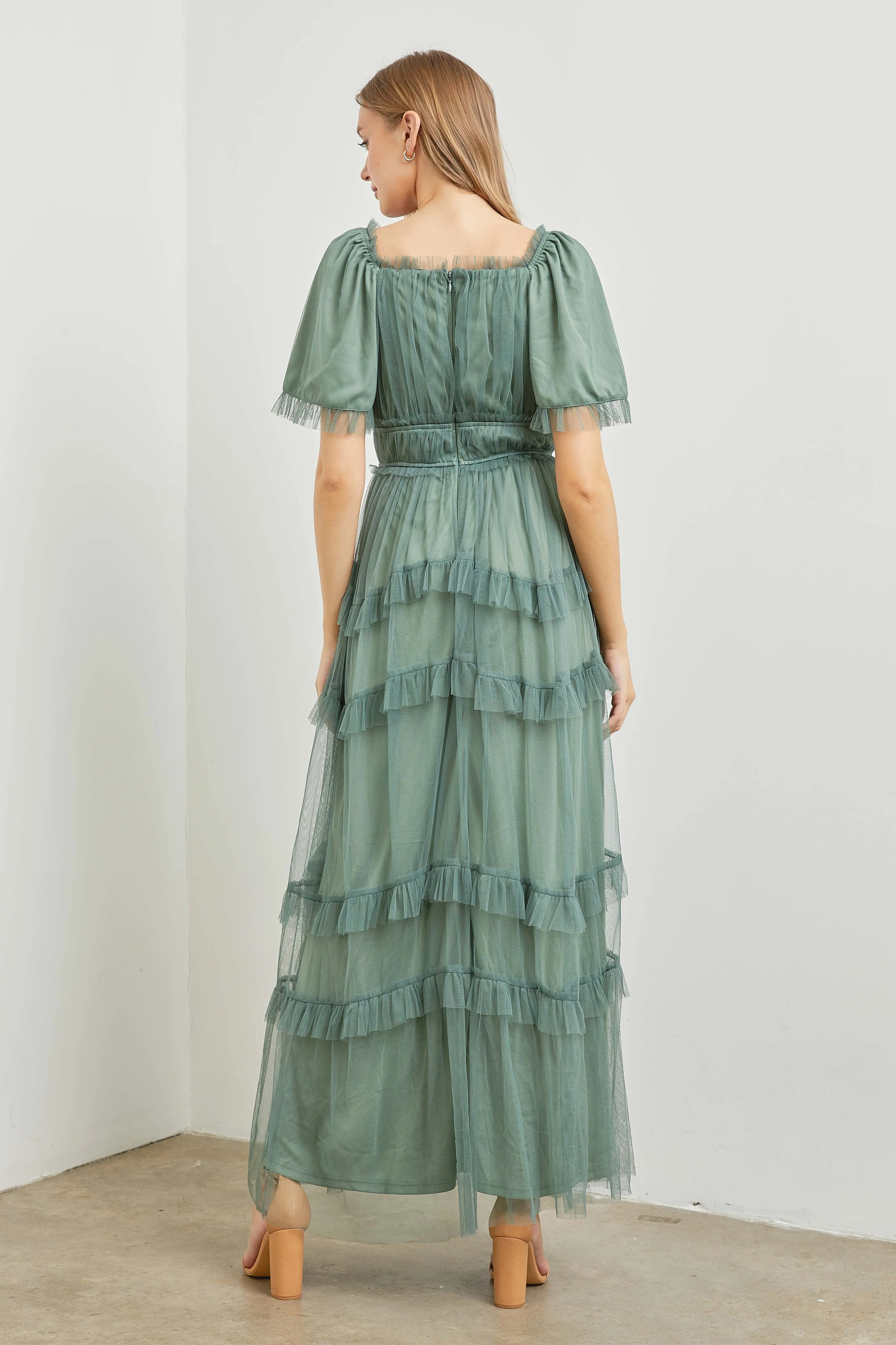 Polgram Tulle Maxi Dress in Dusty Teal