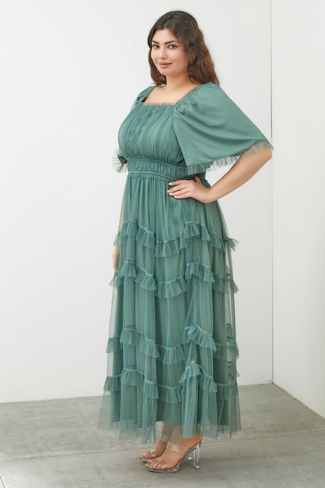 Polgram Tulle Maxi Dress in Dusty Teal