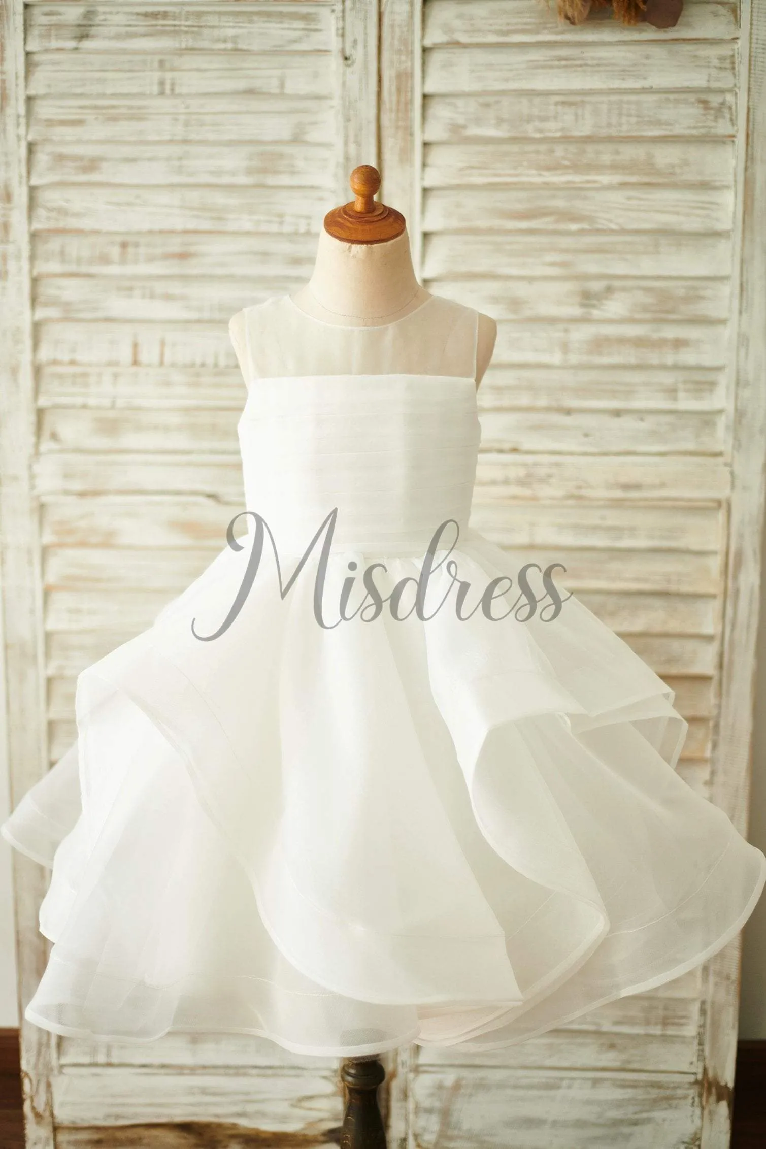 Princess Ivory Organza V Back Bustle Sheer Neck Wedding Flower Girl Dress