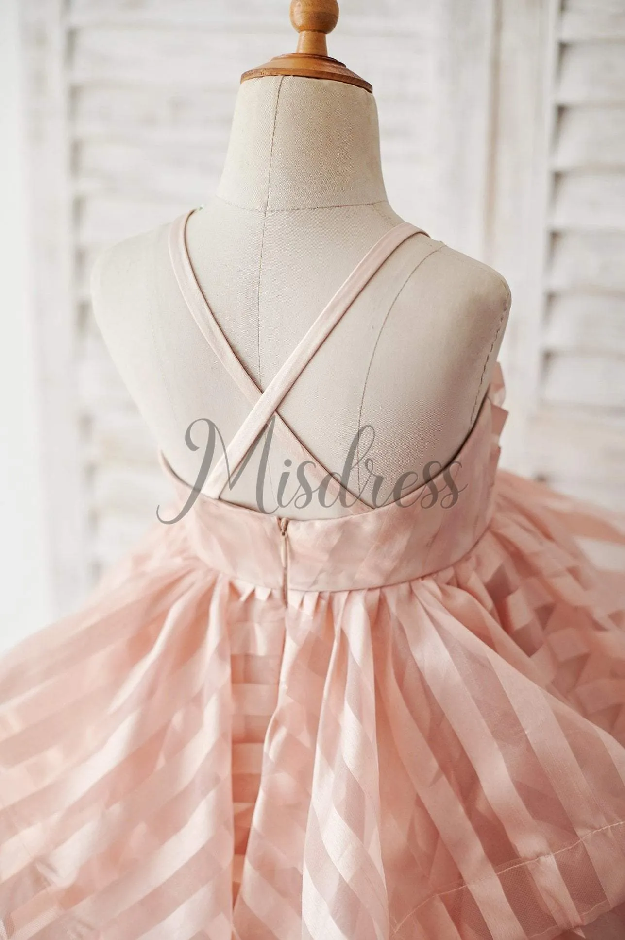 Princess Peach Stripe Organza Spaghetti Straps Wedding Flower Girl Dress