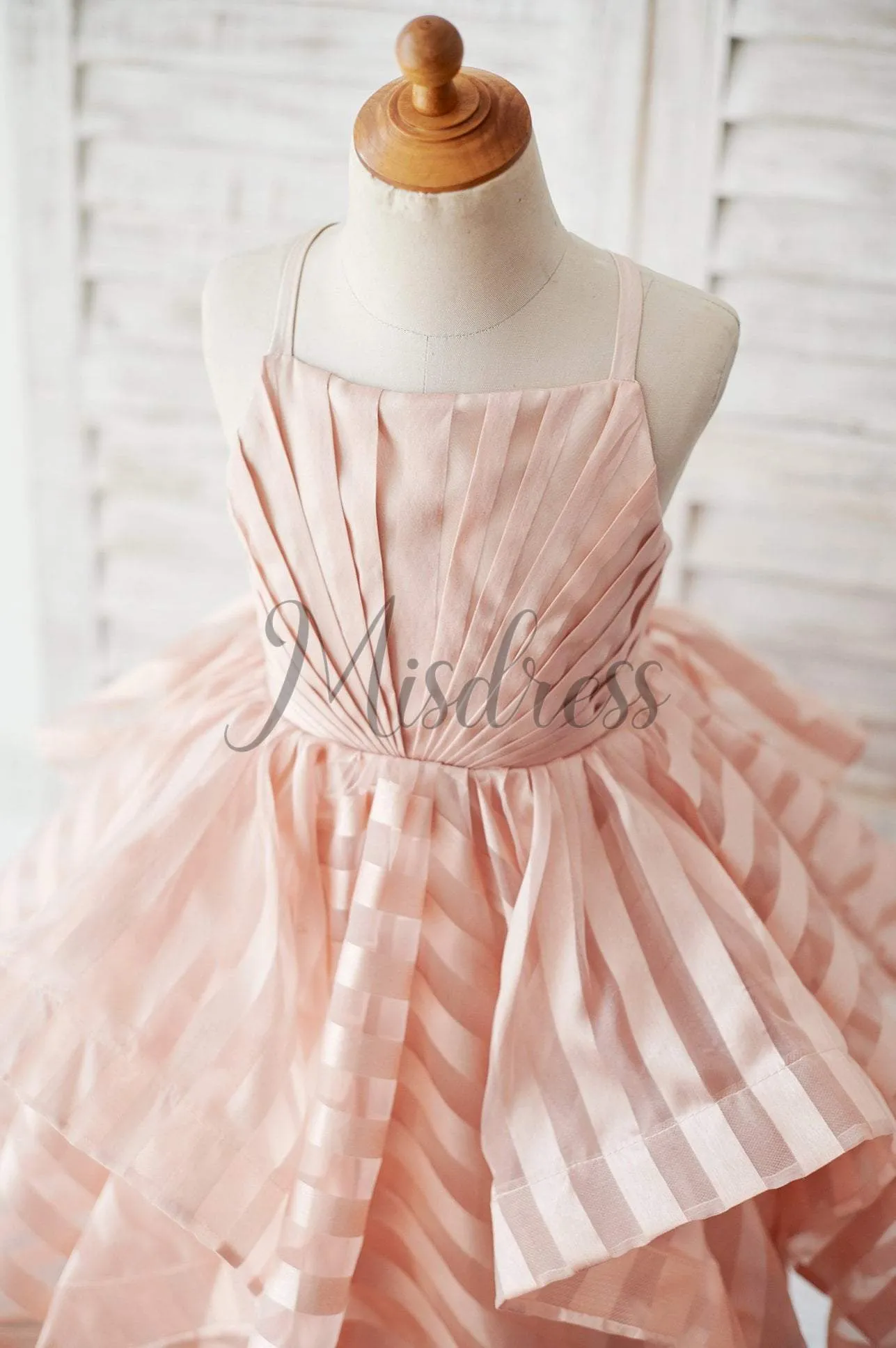 Princess Peach Stripe Organza Spaghetti Straps Wedding Flower Girl Dress