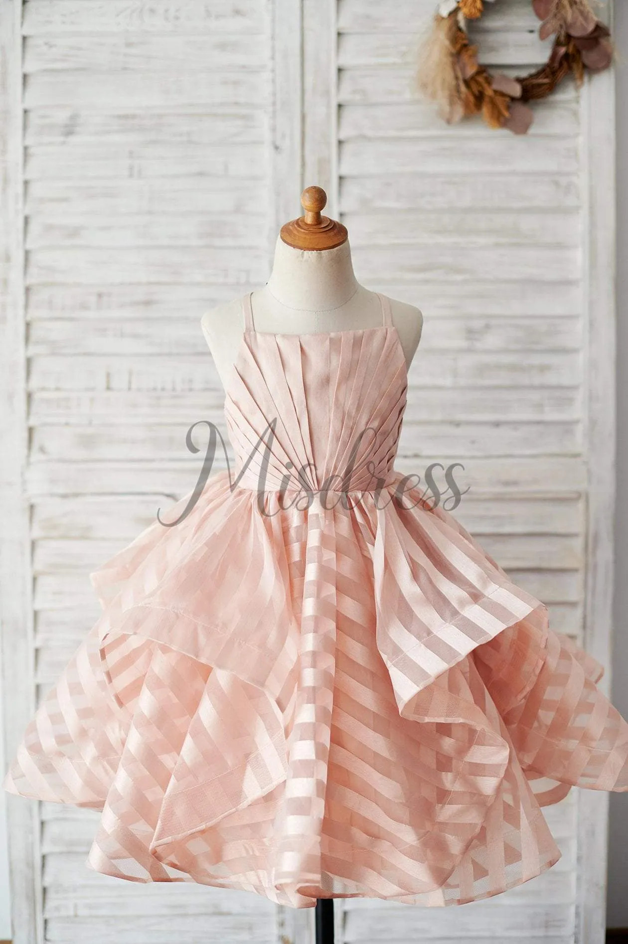 Princess Peach Stripe Organza Spaghetti Straps Wedding Flower Girl Dress