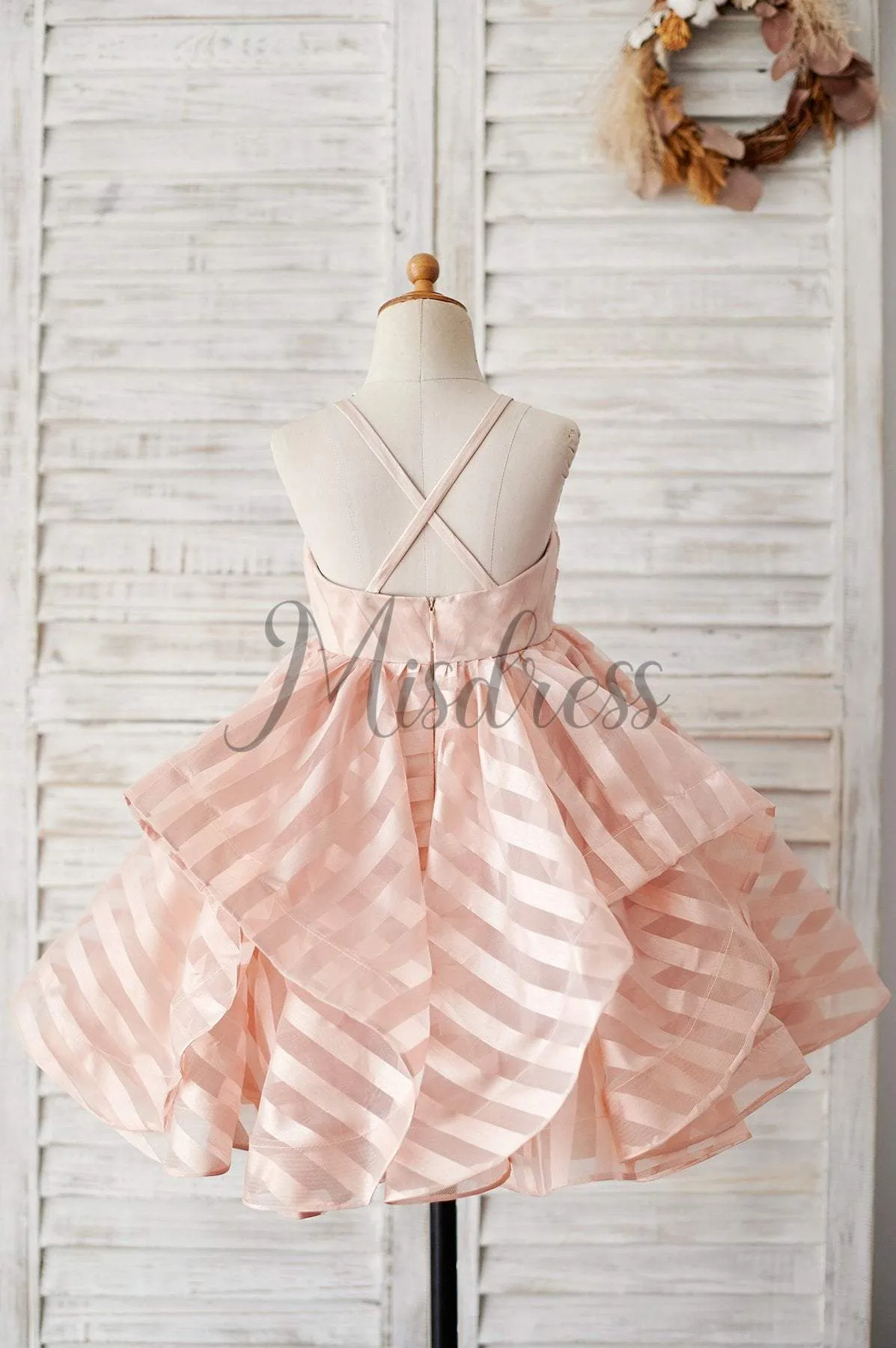 Princess Peach Stripe Organza Spaghetti Straps Wedding Flower Girl Dress